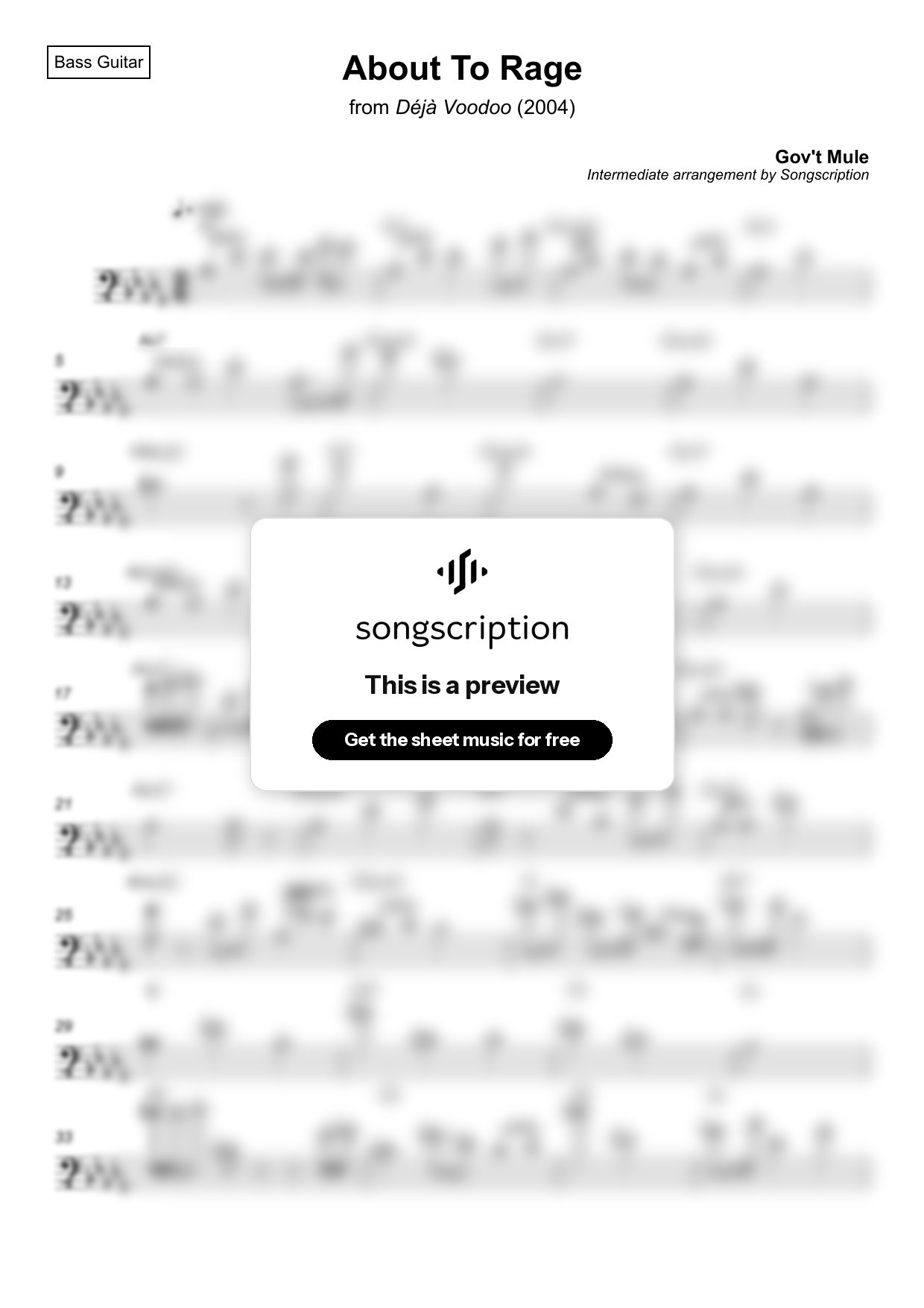 Intermediate Bass Guitar Sheet Music for "About To Rage" by Gov't Mule