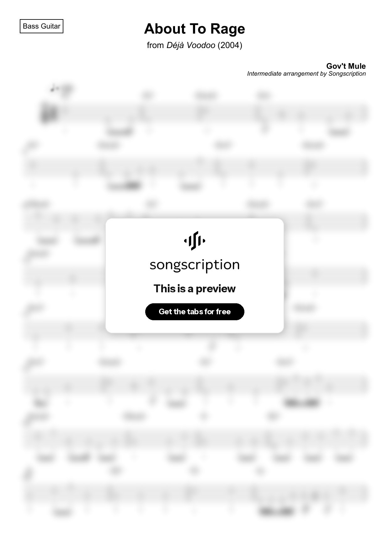 Intermediate Bass Guitar Tabs for "About To Rage" by Gov't Mule