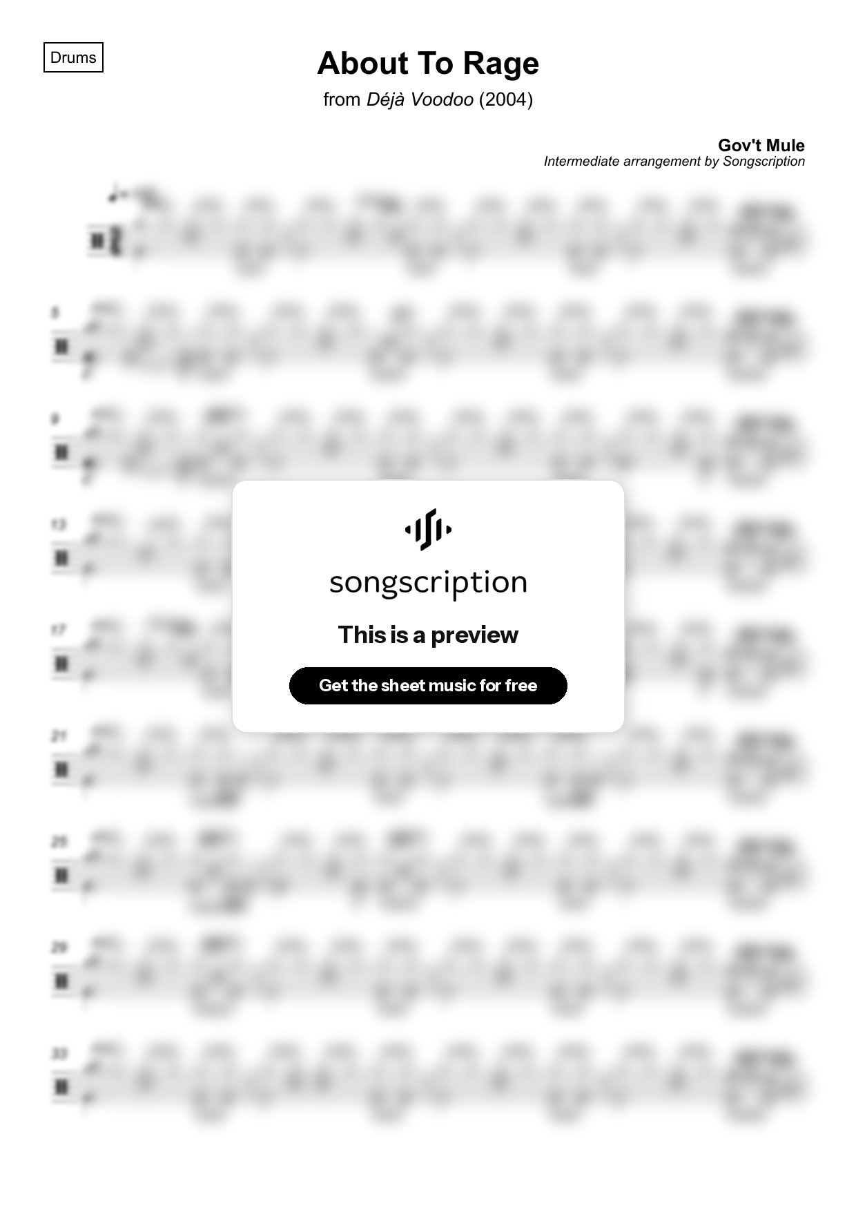 Intermediate Drums Sheet Music for "About To Rage" by Gov't Mule