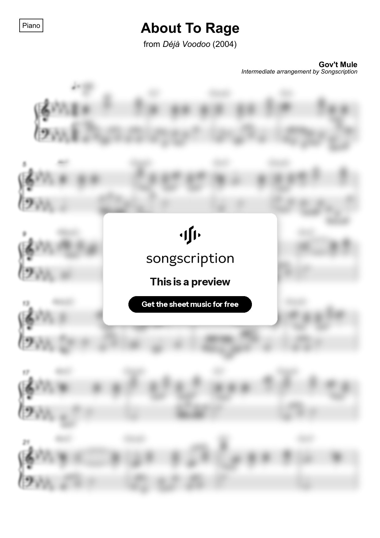 Intermediate Piano Sheet Music for "About To Rage" by Gov't Mule