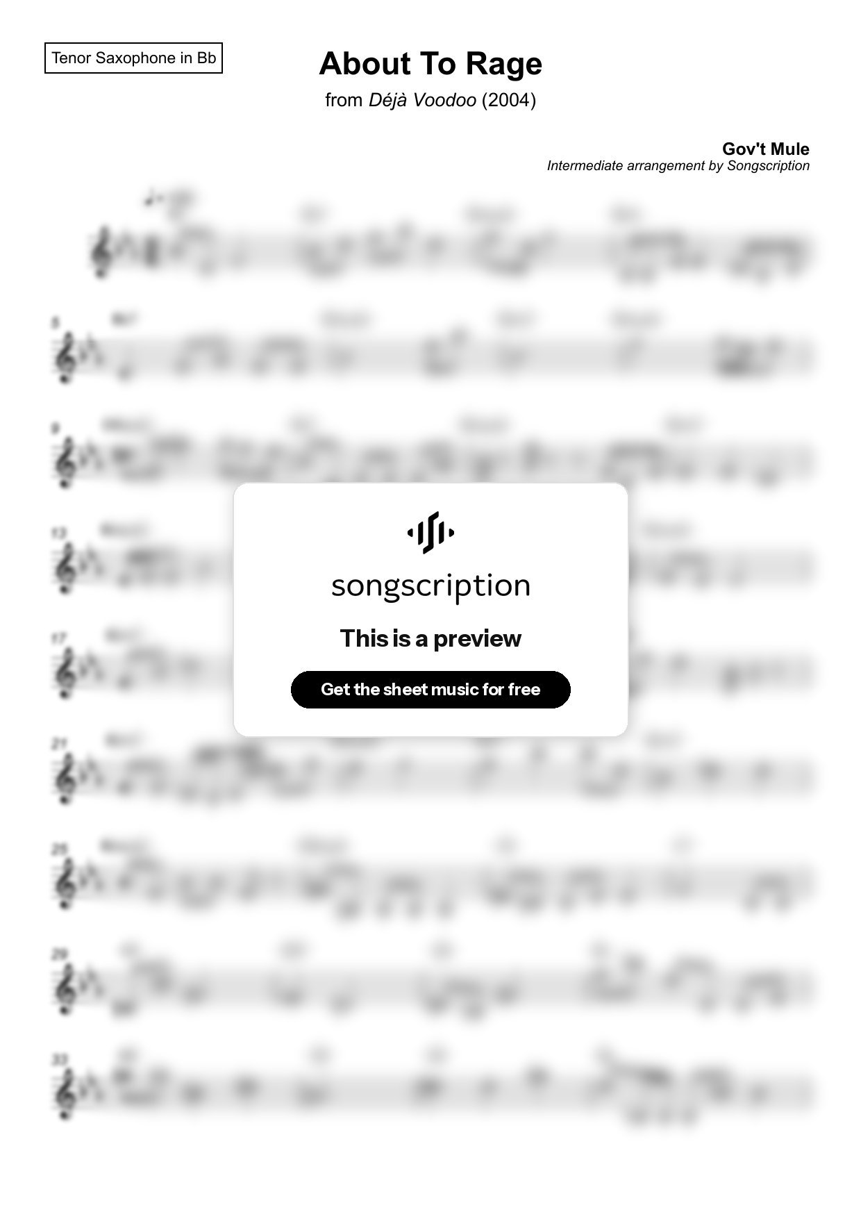 Intermediate Tenor Sax Sheet Music for "About To Rage" by Gov't Mule