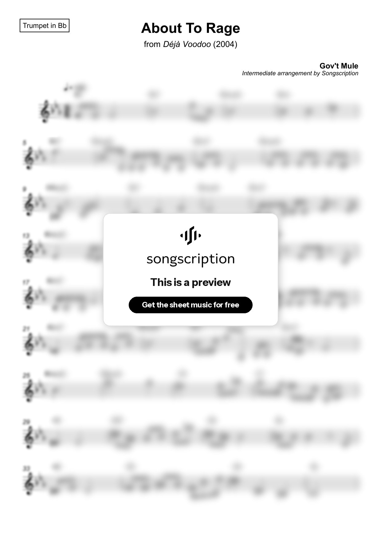 Intermediate Trumpet Sheet Music for "About To Rage" by Gov't Mule