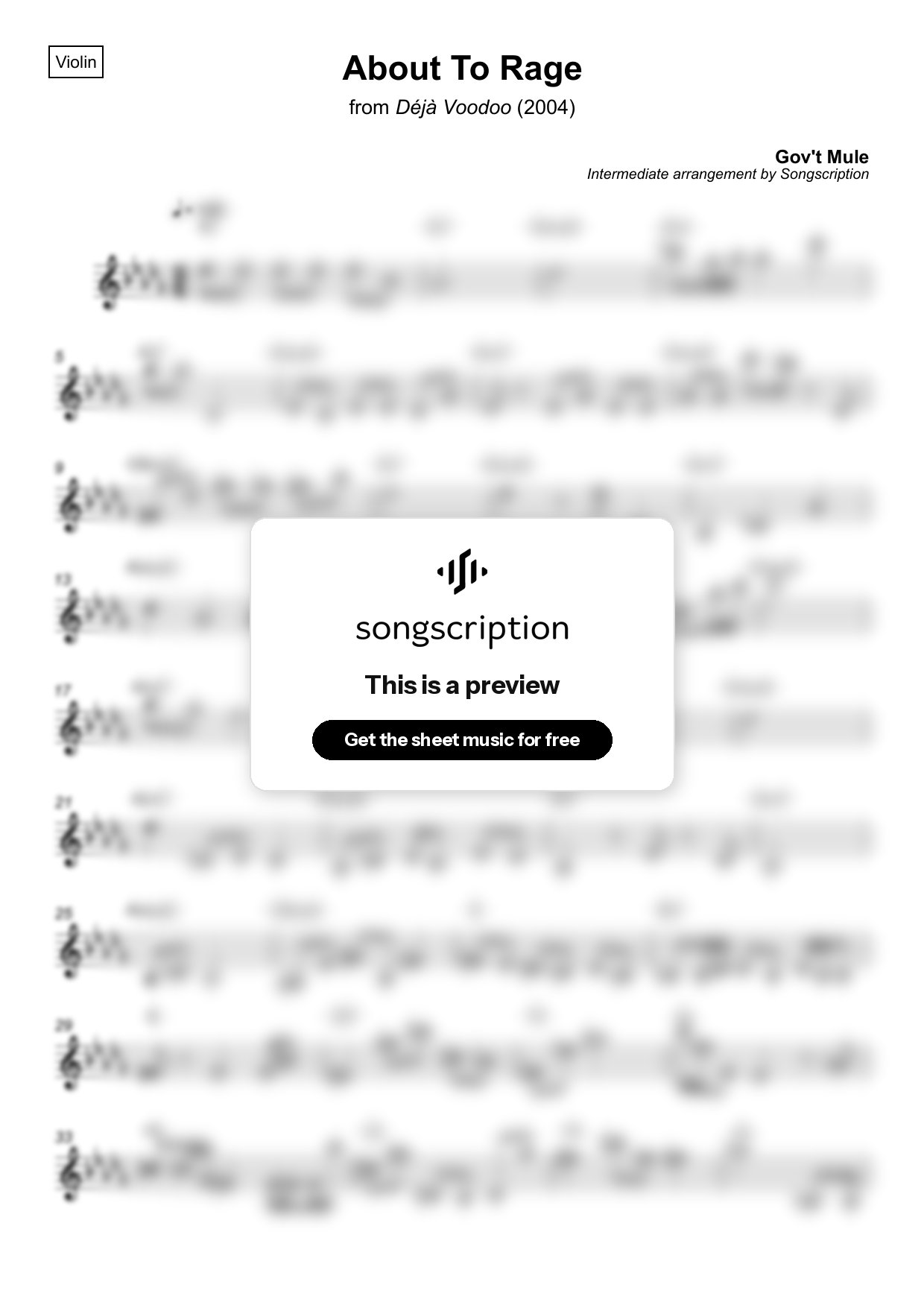 Intermediate Violin Sheet Music for "About To Rage" by Gov't Mule