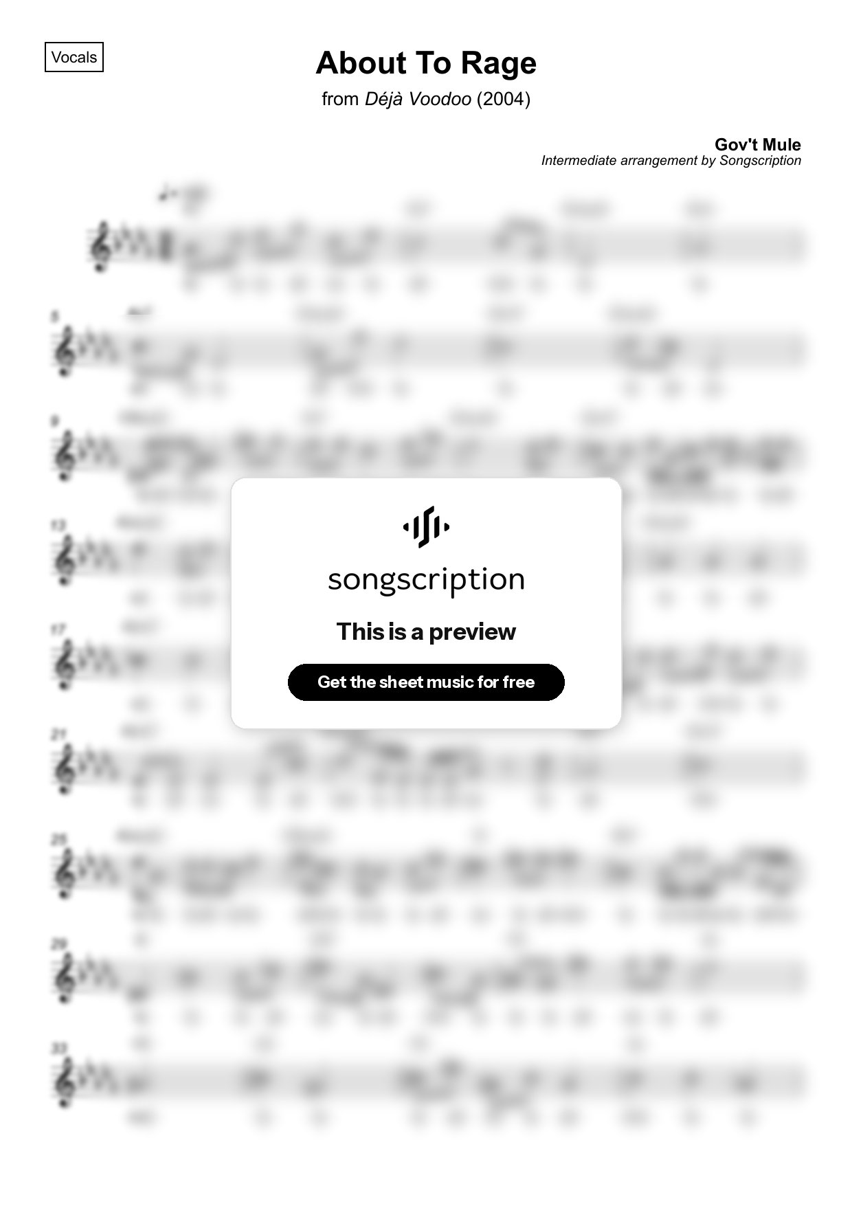 Intermediate Vocals Sheet Music for "About To Rage" by Gov't Mule