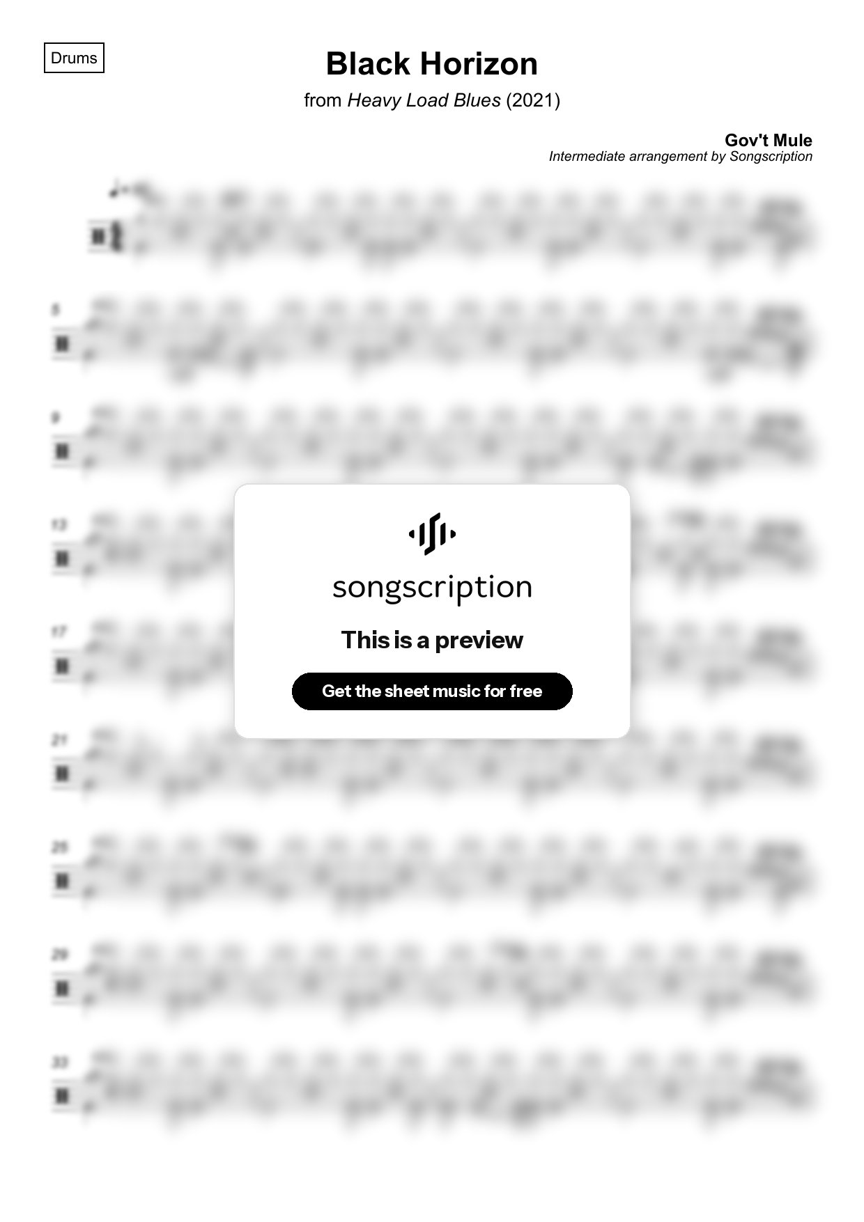 Intermediate Drums Sheet Music for "Black Horizon" by Gov't Mule