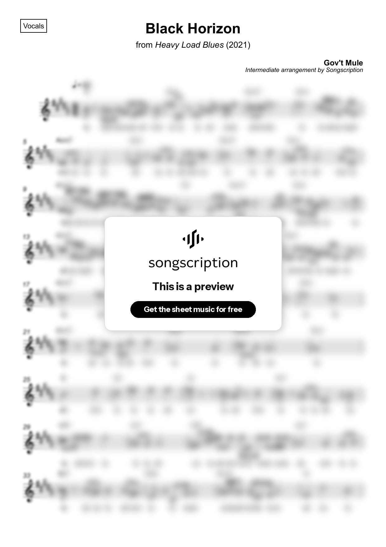 Intermediate Vocals Sheet Music for "Black Horizon" by Gov't Mule