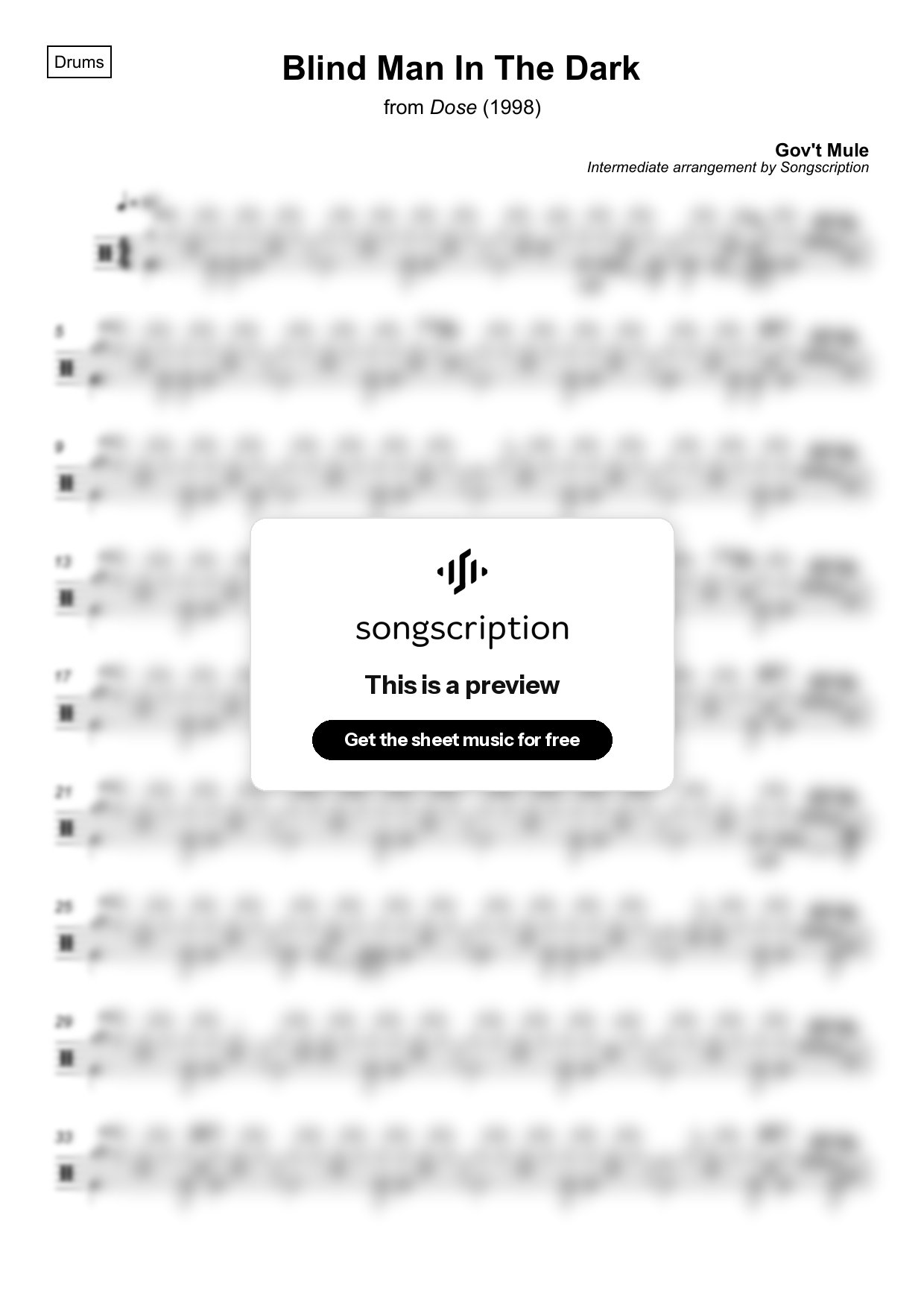Intermediate Drums Sheet Music for "Blind Man In The Dark" by Gov't Mule