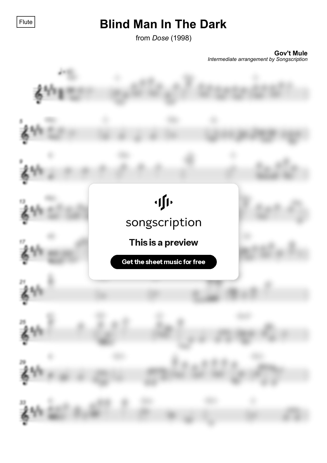 Intermediate Flute Sheet Music for "Blind Man In The Dark" by Gov't Mule