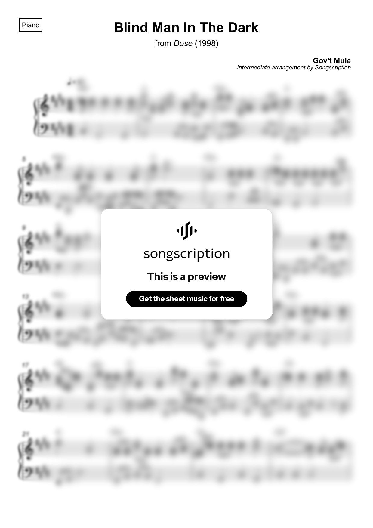 Intermediate Piano Sheet Music for "Blind Man In The Dark" by Gov't Mule