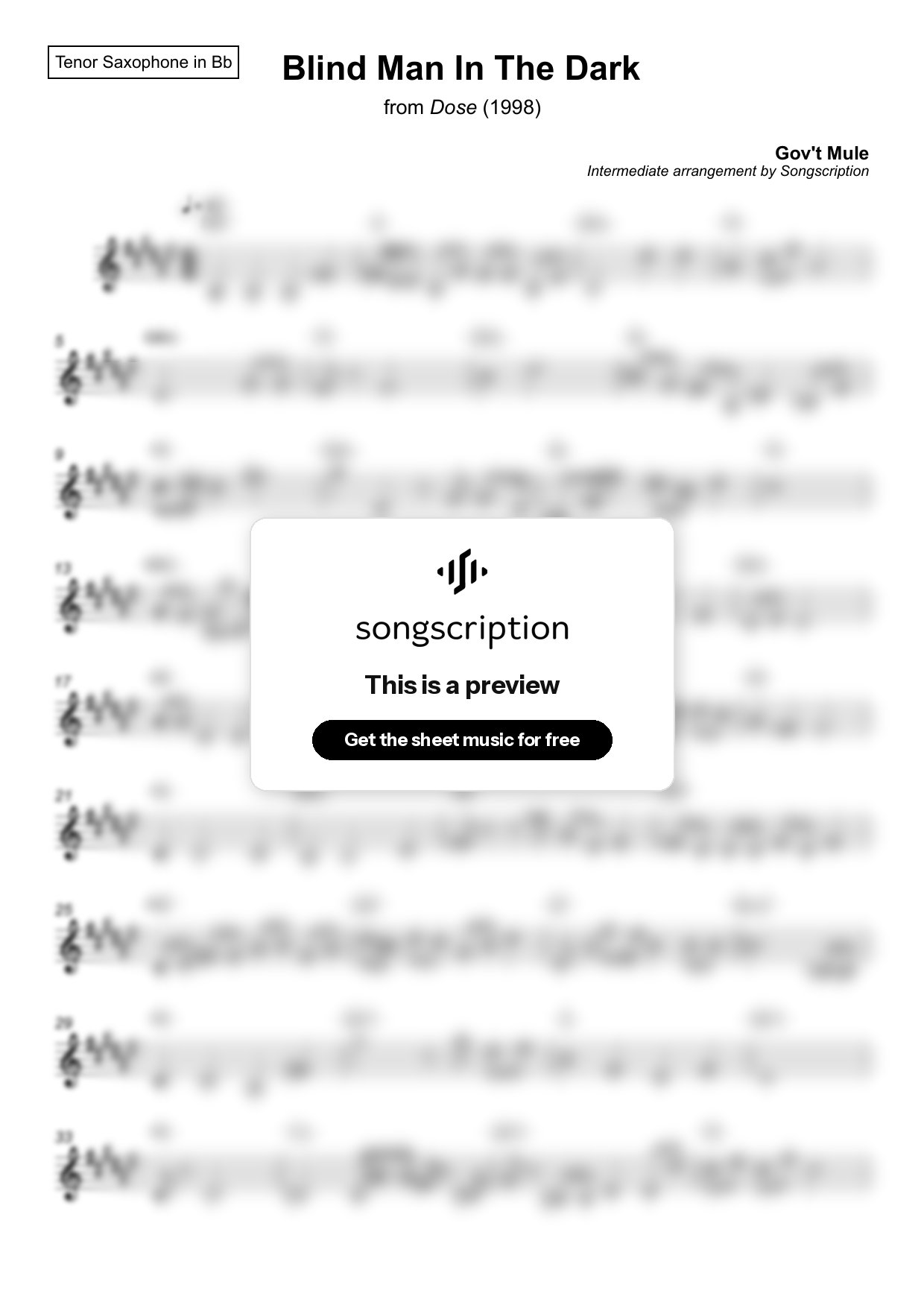 Intermediate Tenor Sax Sheet Music for "Blind Man In The Dark" by Gov't Mule