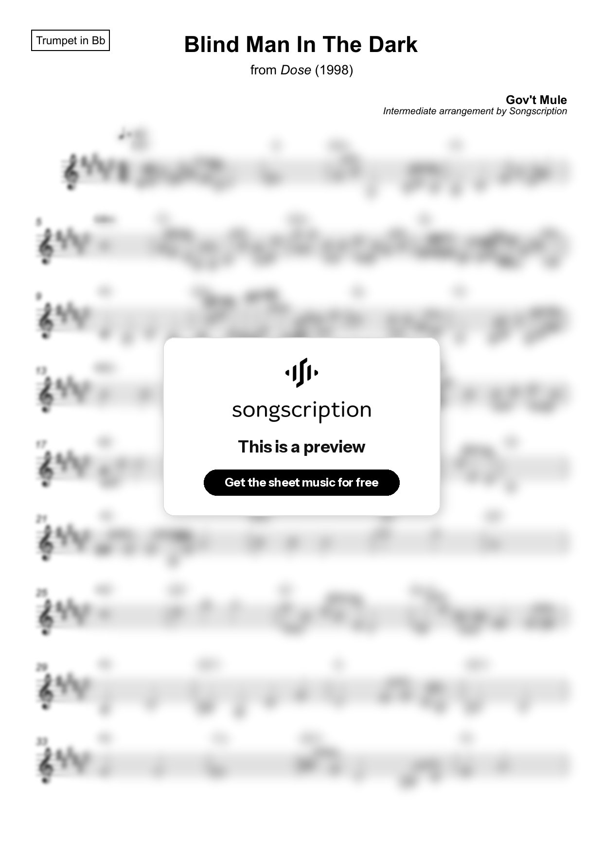 Intermediate Trumpet Sheet Music for "Blind Man In The Dark" by Gov't Mule