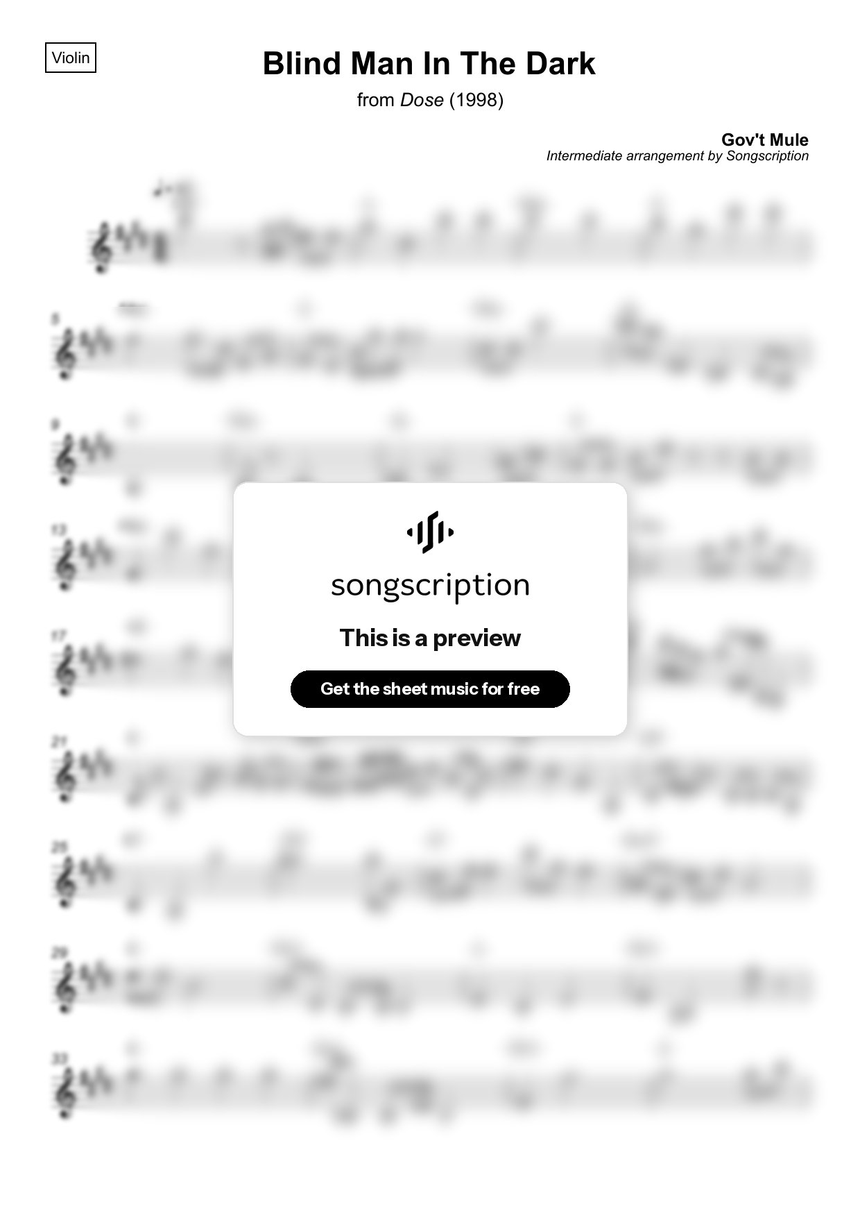Intermediate Violin Sheet Music for "Blind Man In The Dark" by Gov't Mule
