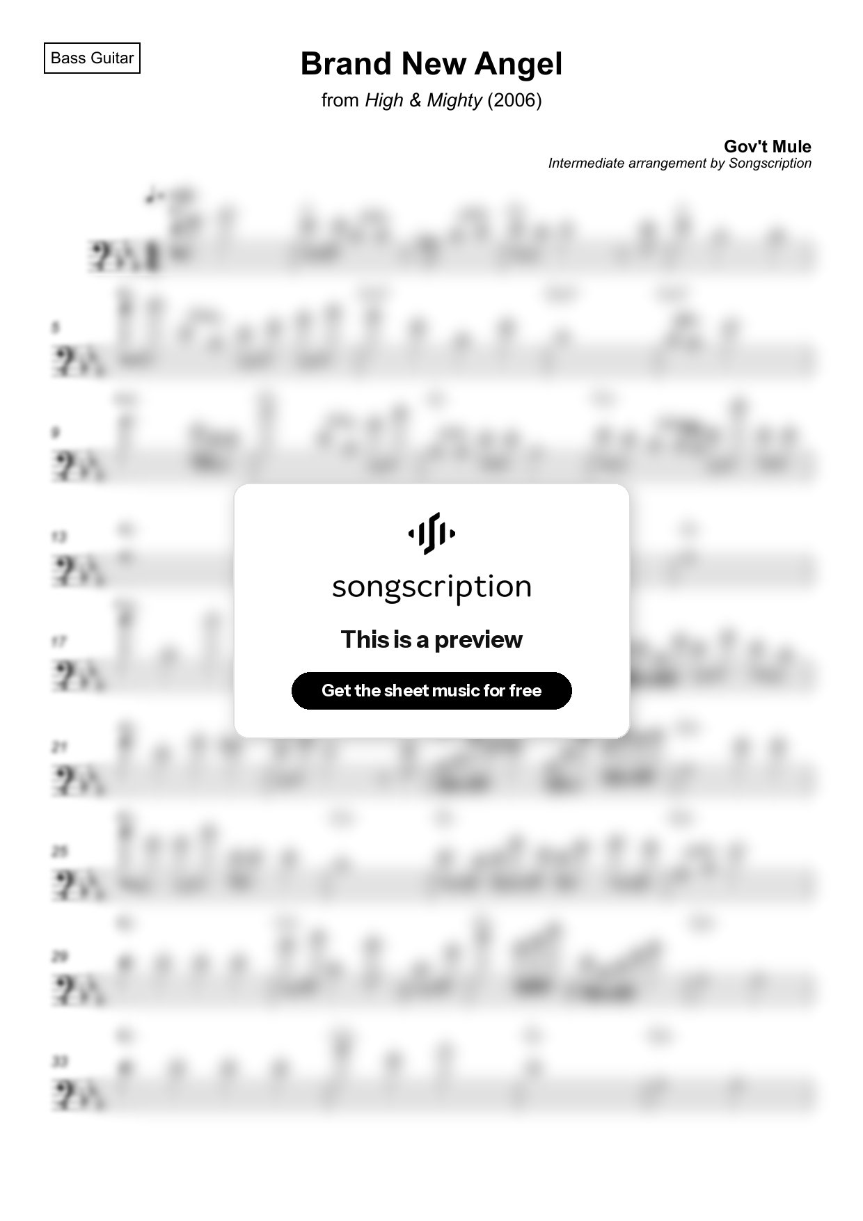 Intermediate Bass Guitar Sheet Music for "Brand New Angel" by Gov't Mule