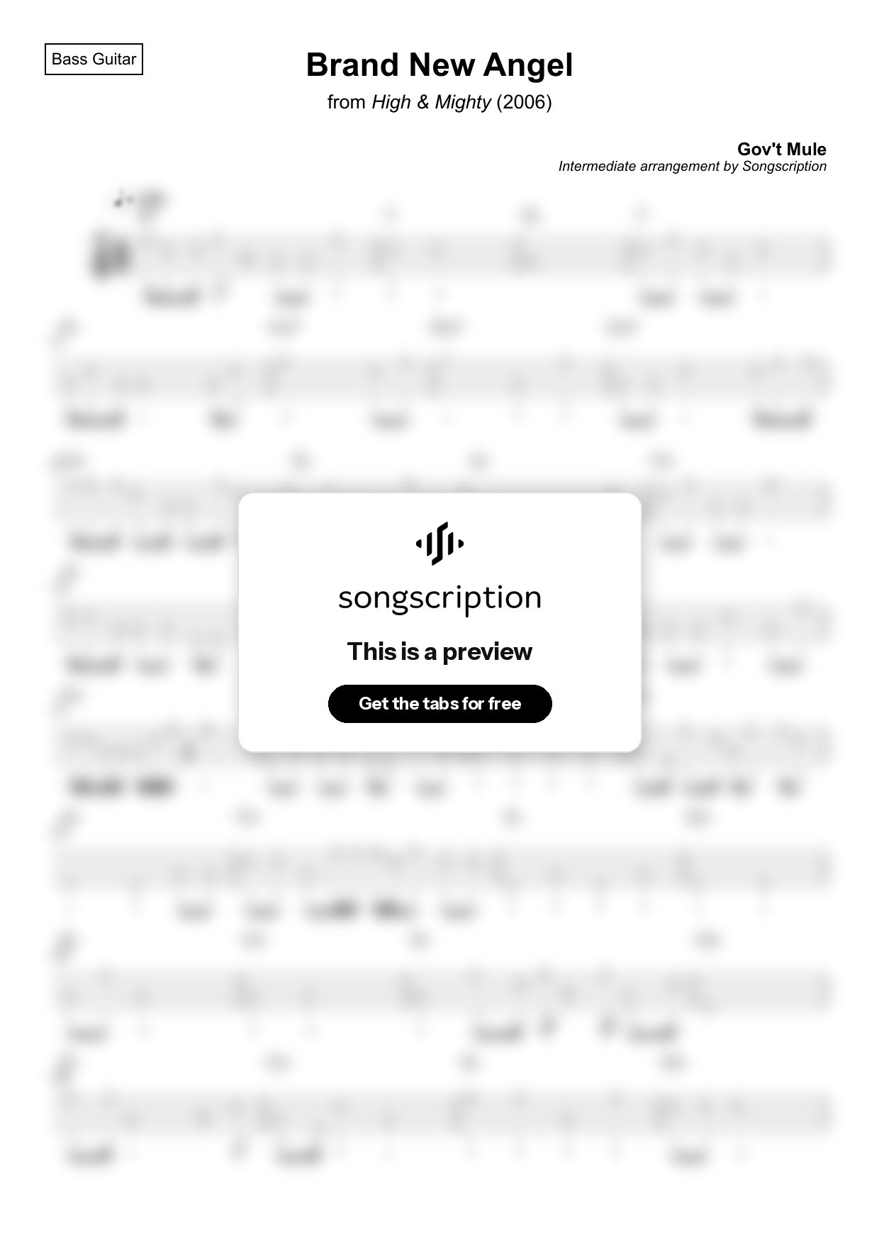 Intermediate Bass Guitar Tabs for "Brand New Angel" by Gov't Mule