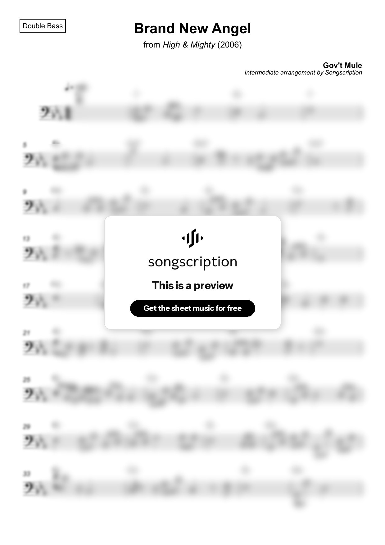 Intermediate Double Bass Sheet Music for "Brand New Angel" by Gov't Mule