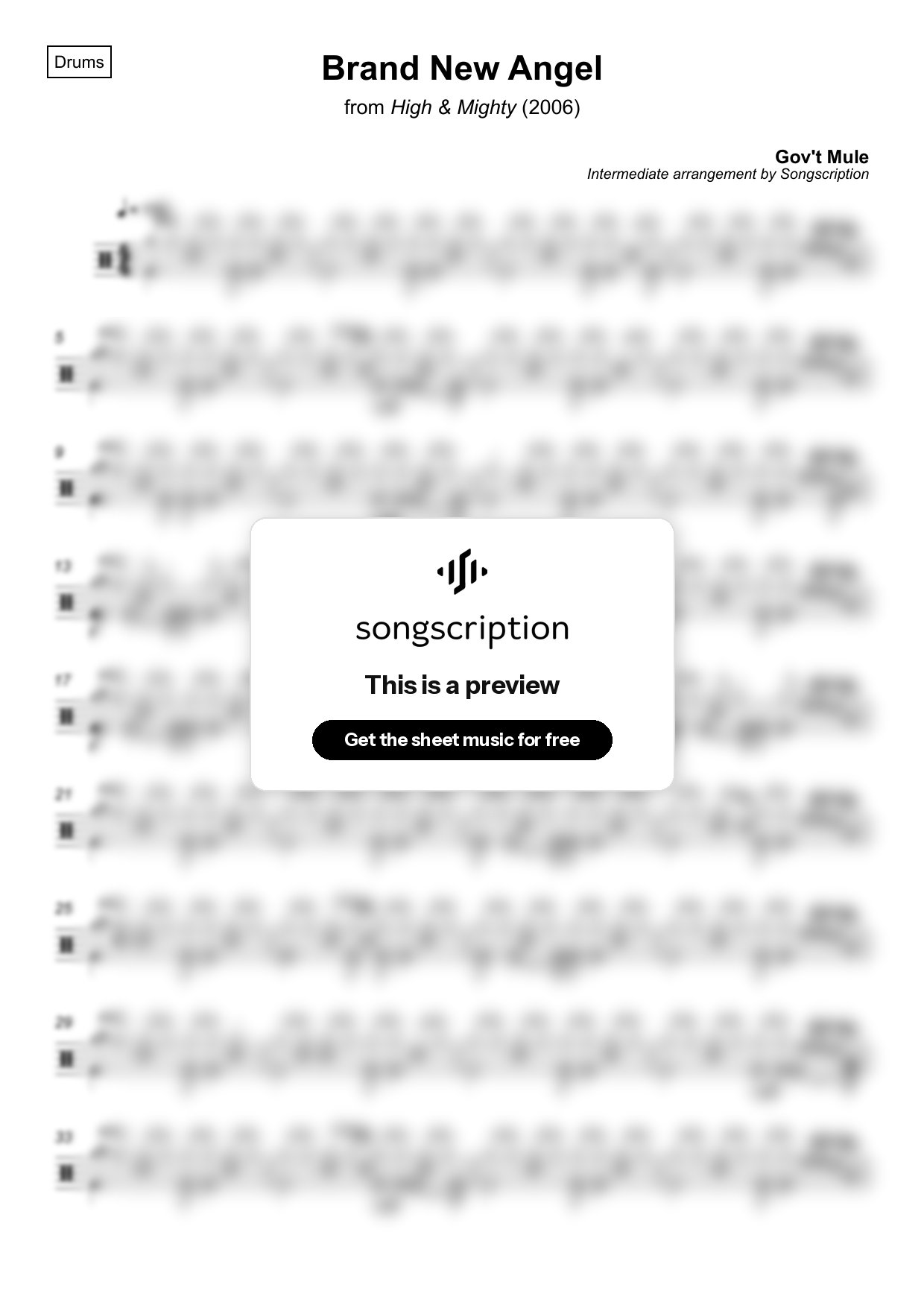 Intermediate Drums Sheet Music for "Brand New Angel" by Gov't Mule