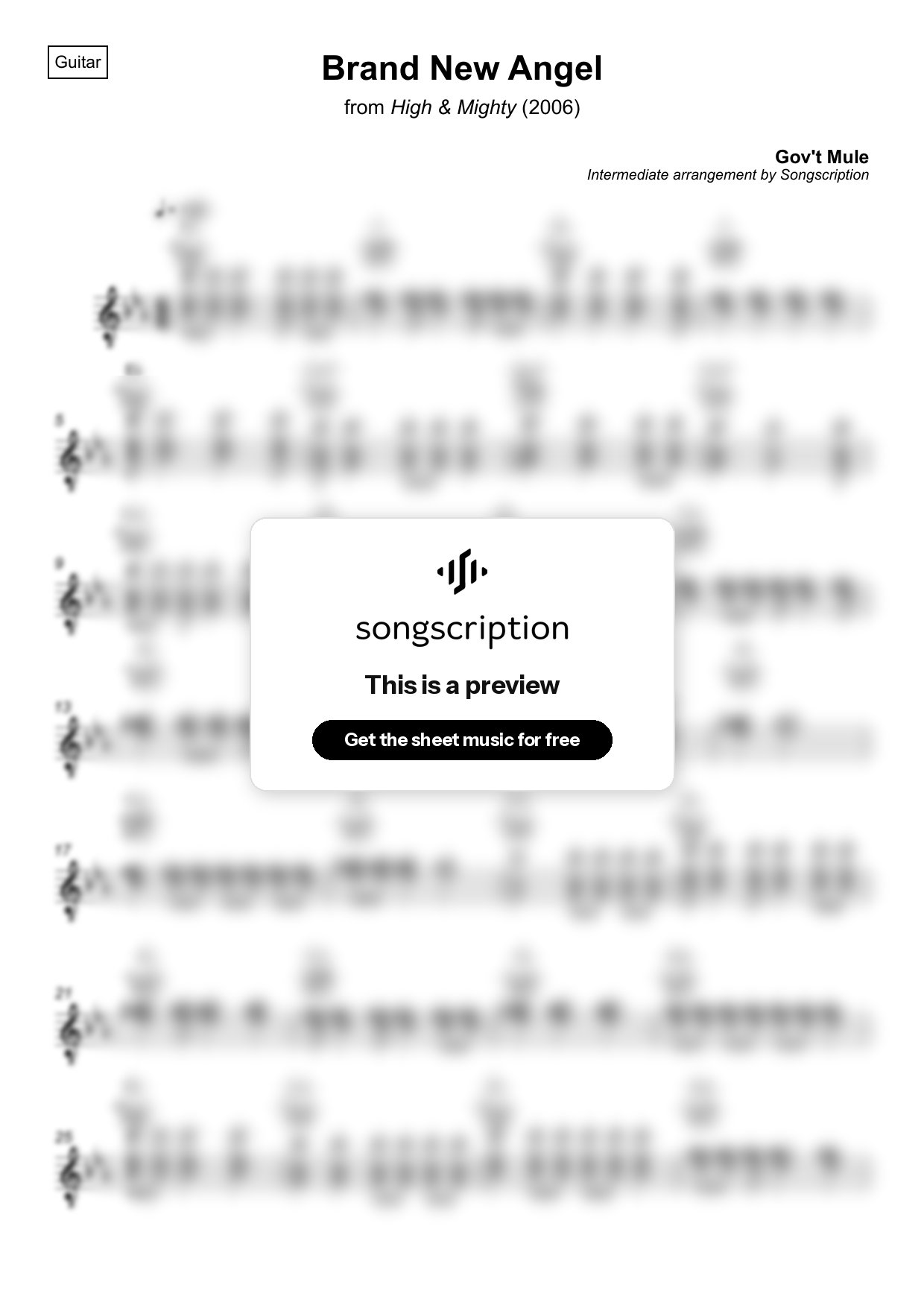 Intermediate Acoustic Guitar Sheet Music for "Brand New Angel" by Gov't Mule