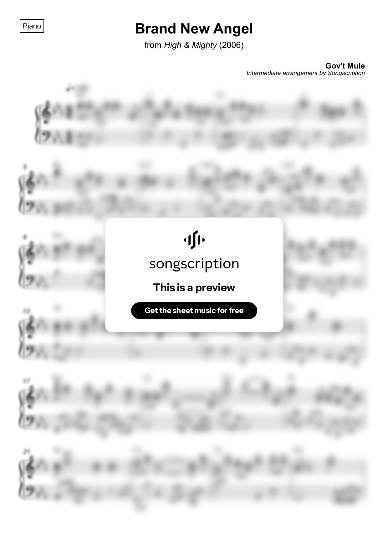 Intermediate Piano Sheet Music for "Brand New Angel" by Gov't Mule