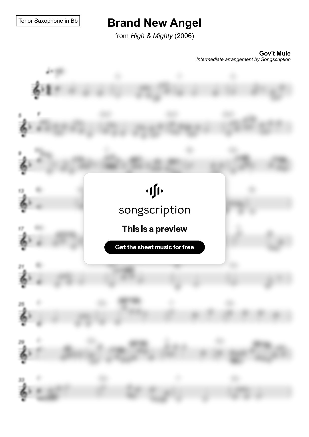 Intermediate Tenor Sax Sheet Music for "Brand New Angel" by Gov't Mule