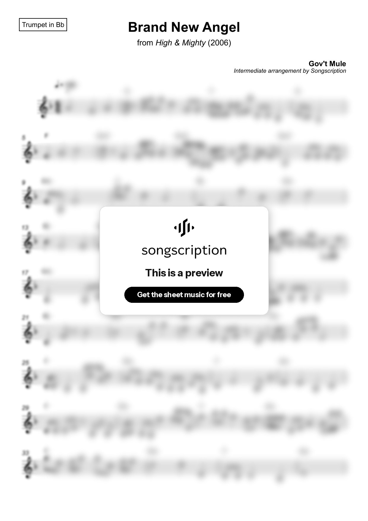 Intermediate Trumpet Sheet Music for "Brand New Angel" by Gov't Mule