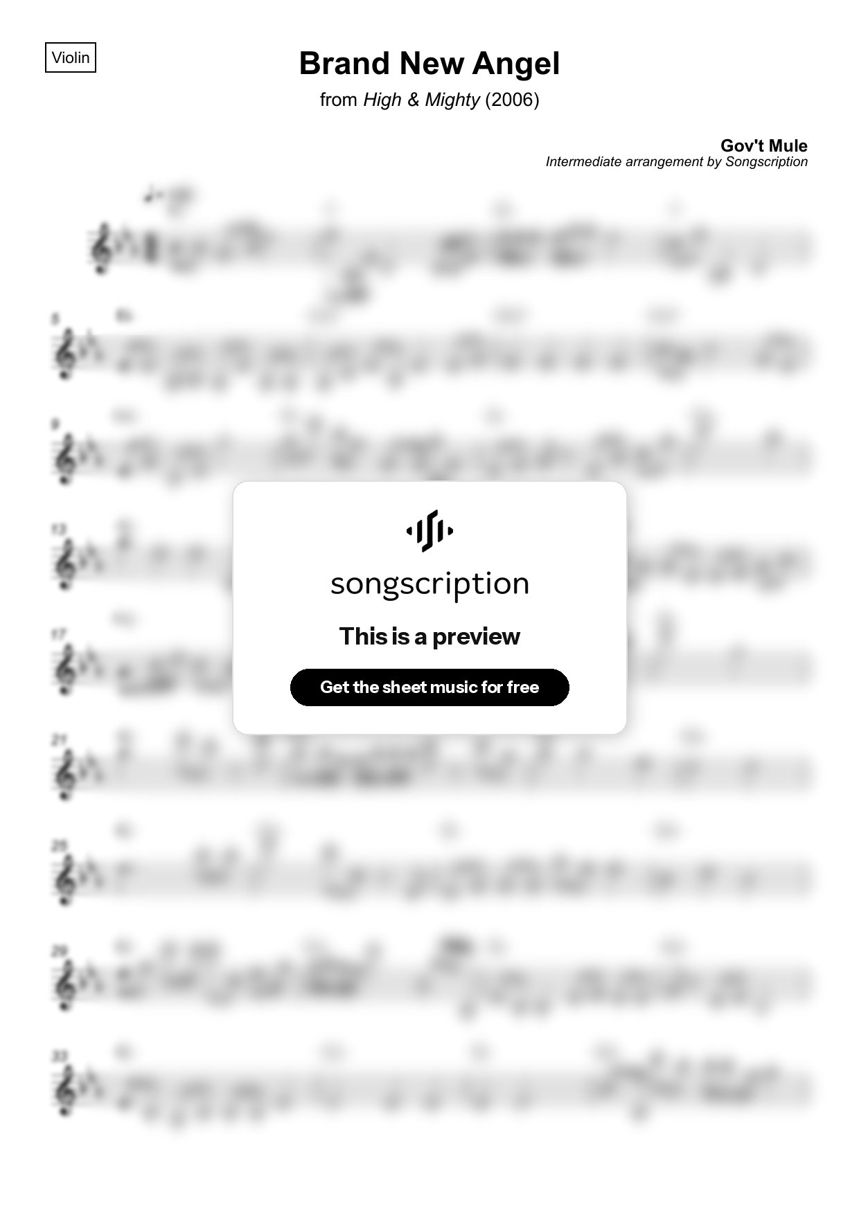 Intermediate Violin Sheet Music for "Brand New Angel" by Gov't Mule
