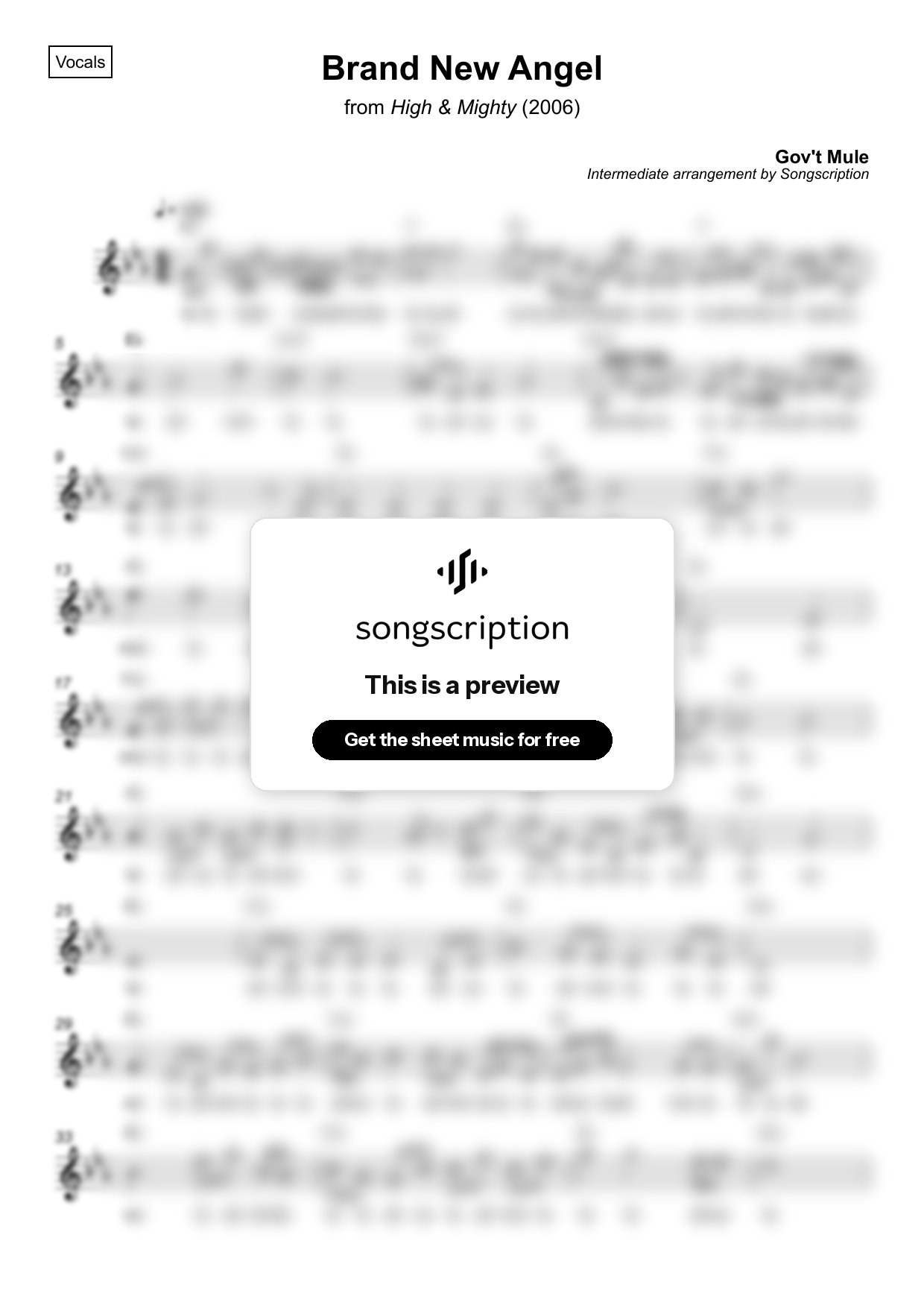Intermediate Vocals Sheet Music for "Brand New Angel" by Gov't Mule
