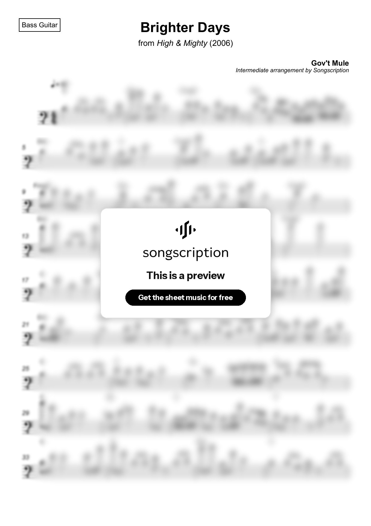 Intermediate Bass Guitar Sheet Music for "Brighter Days" by Gov't Mule
