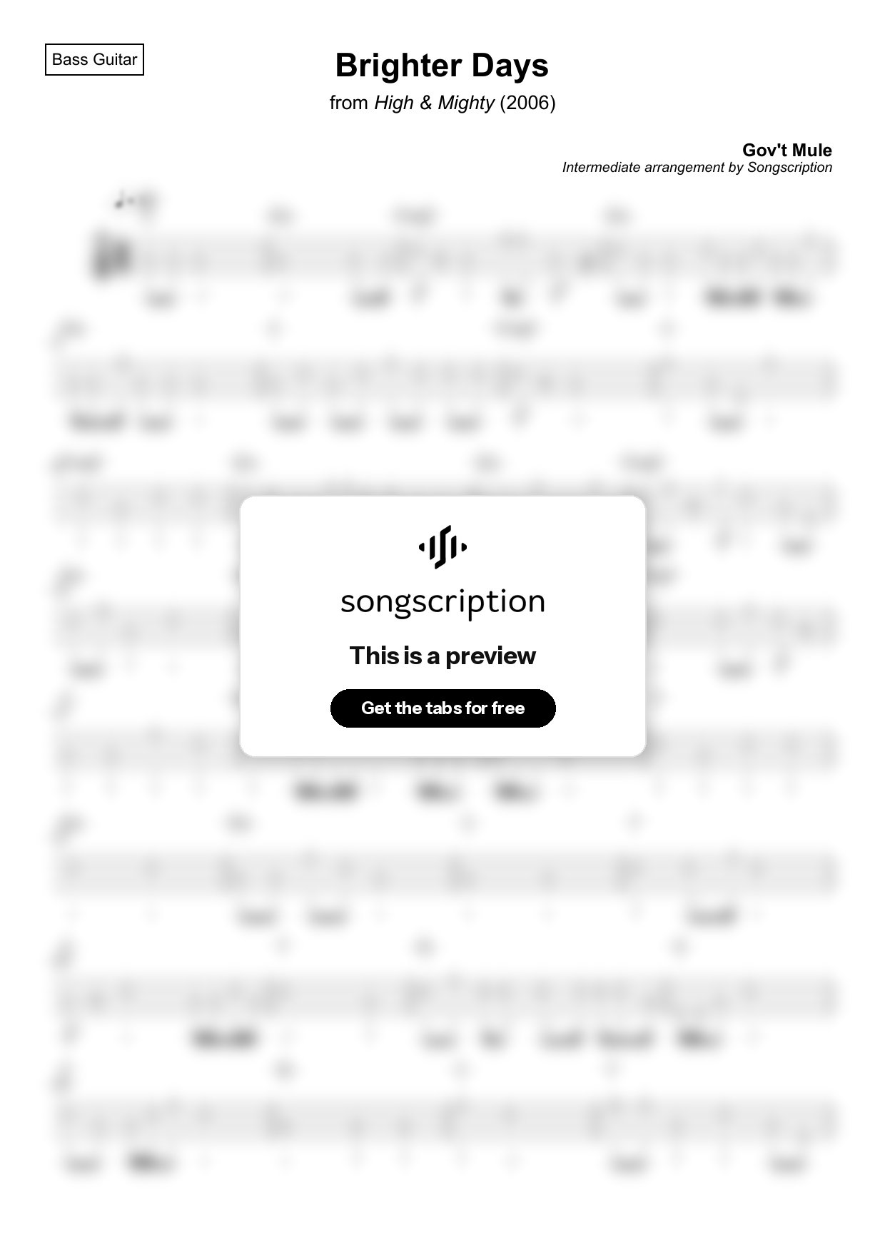 Intermediate Bass Guitar Tabs for "Brighter Days" by Gov't Mule
