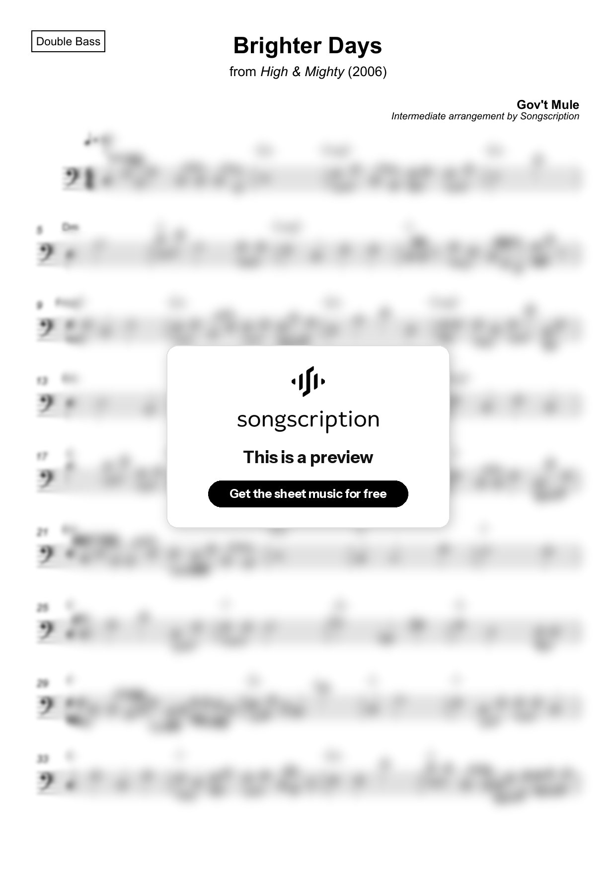 Intermediate Double Bass Sheet Music for "Brighter Days" by Gov't Mule