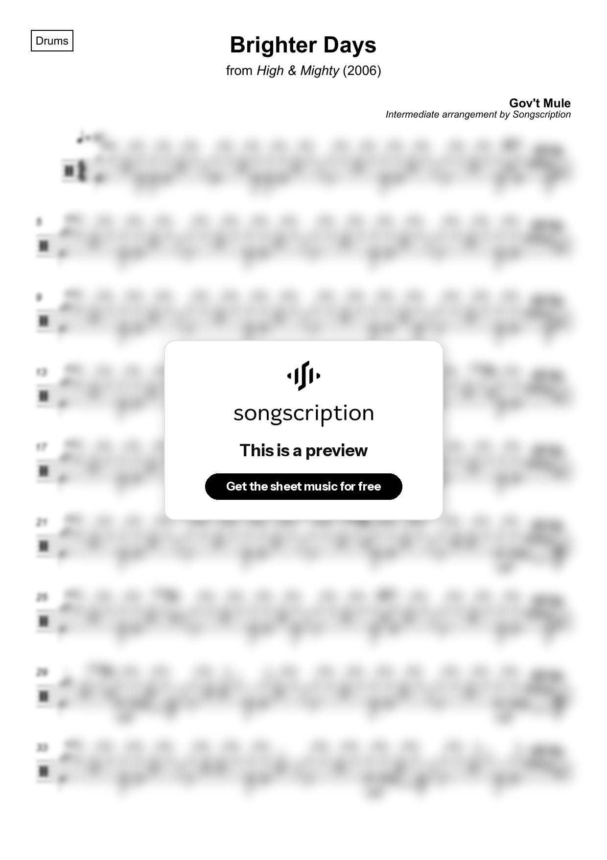 Intermediate Drums Sheet Music for "Brighter Days" by Gov't Mule