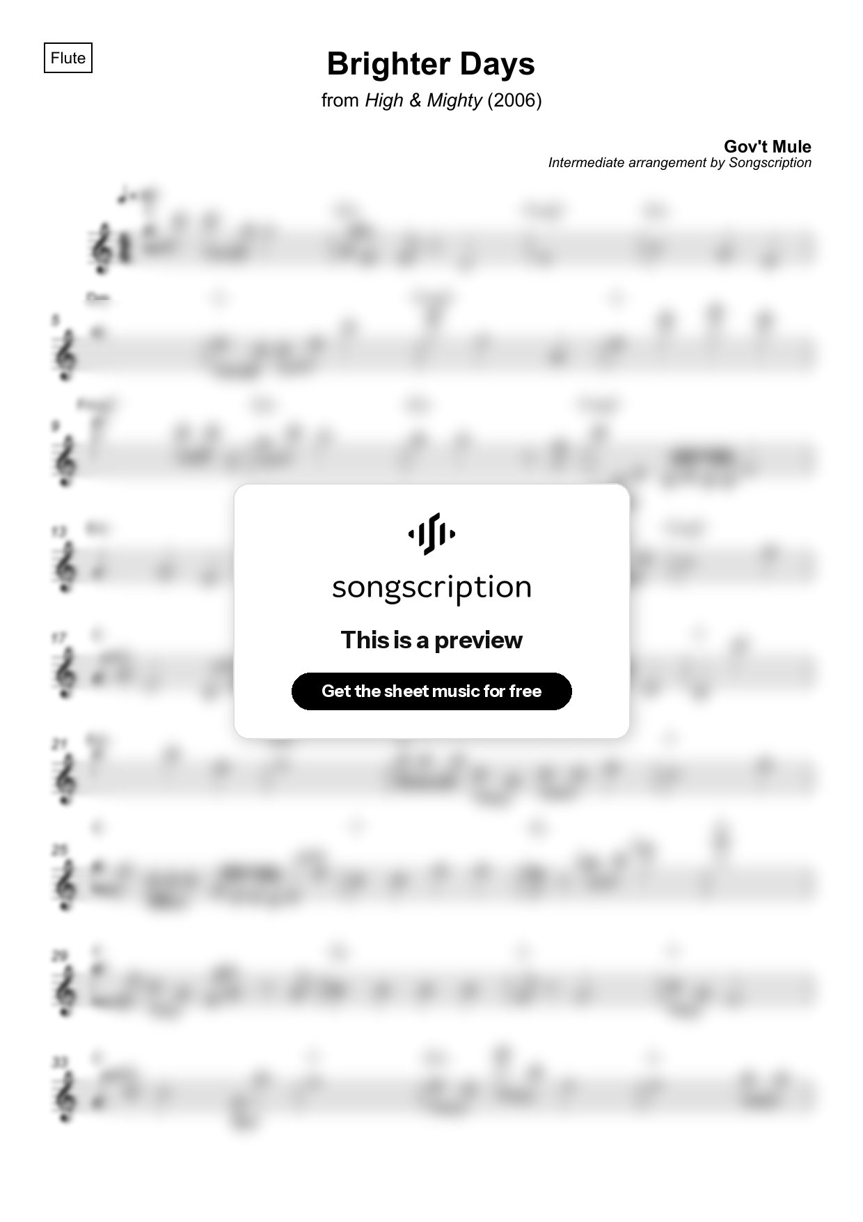 Intermediate Flute Sheet Music for "Brighter Days" by Gov't Mule