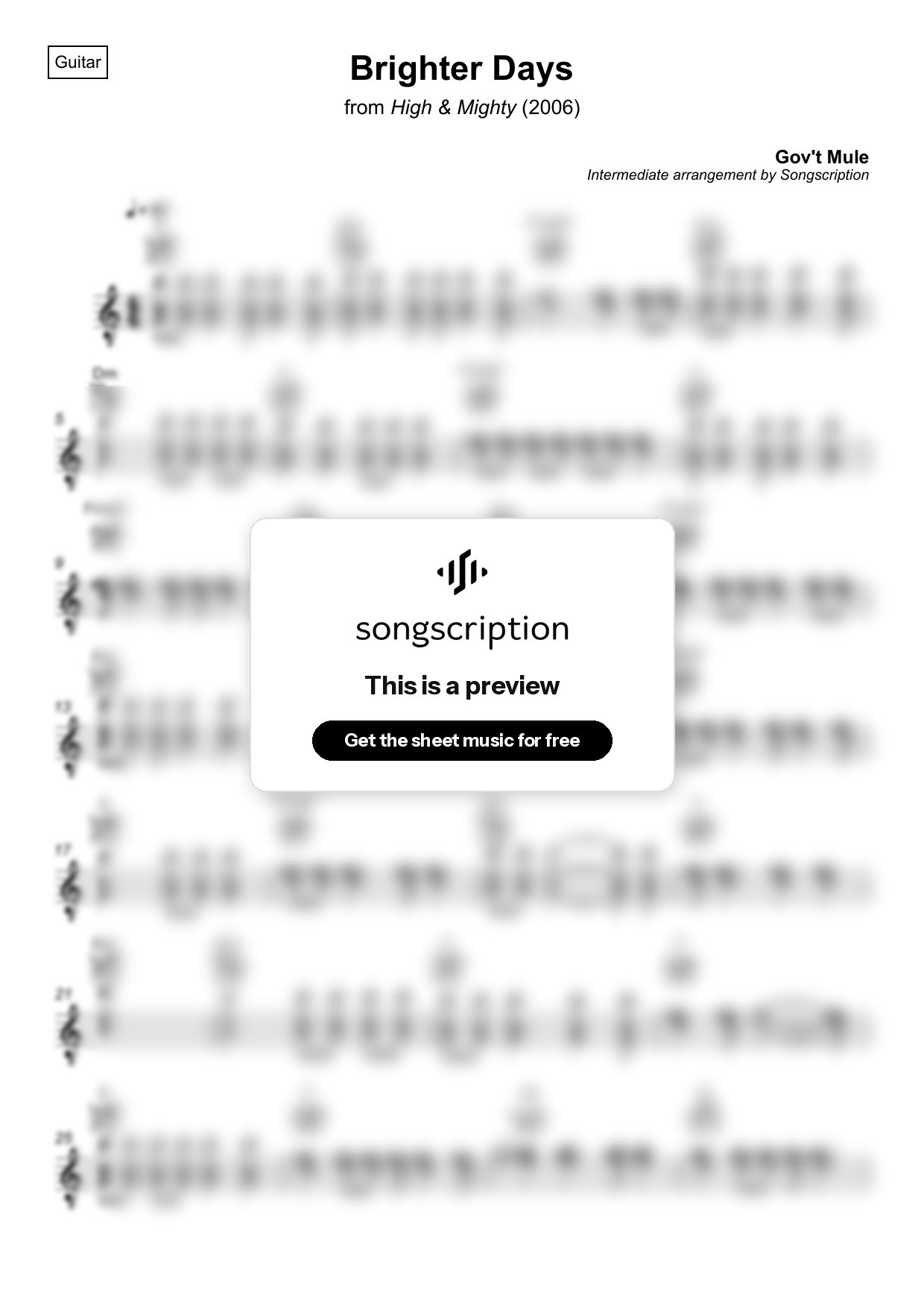 Intermediate Acoustic Guitar Sheet Music for "Brighter Days" by Gov't Mule