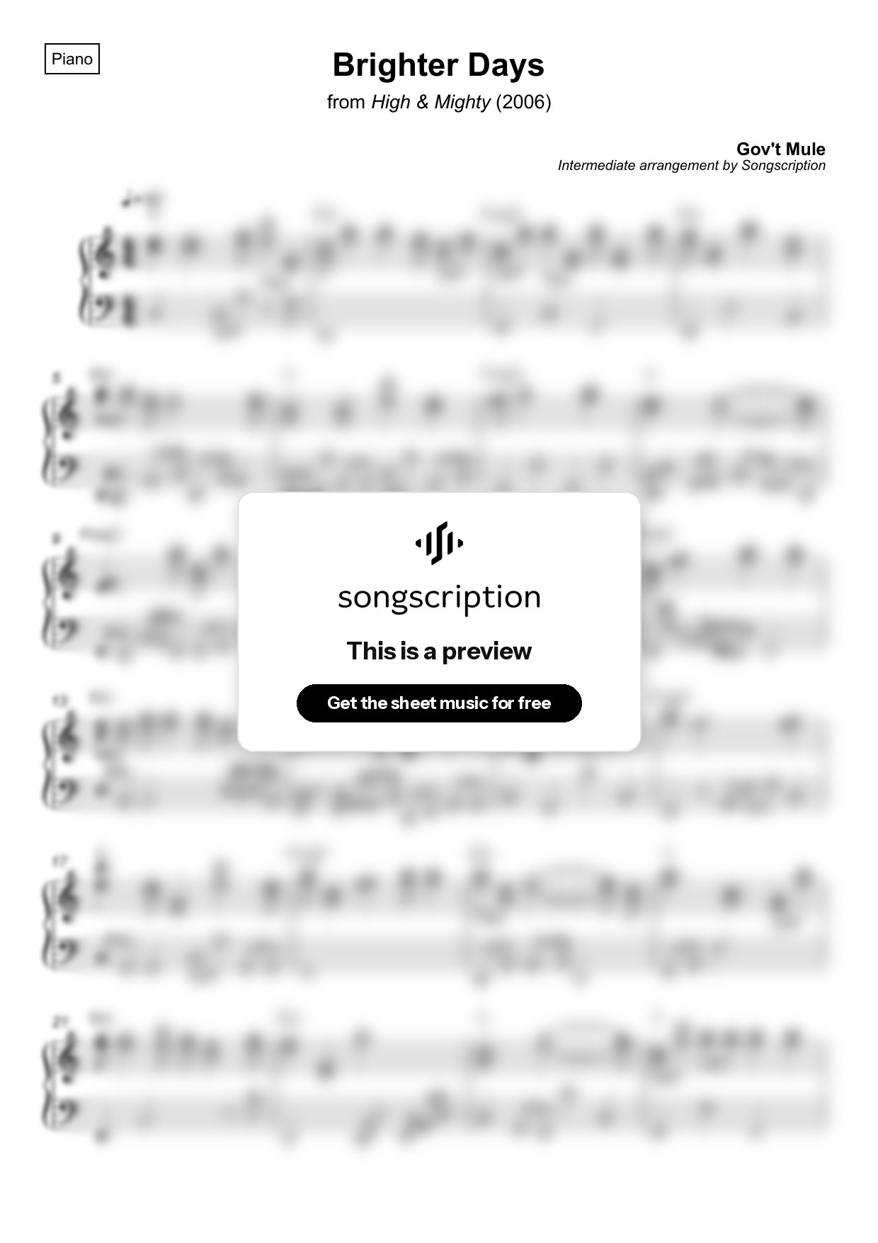 Intermediate Piano Sheet Music for "Brighter Days" by Gov't Mule