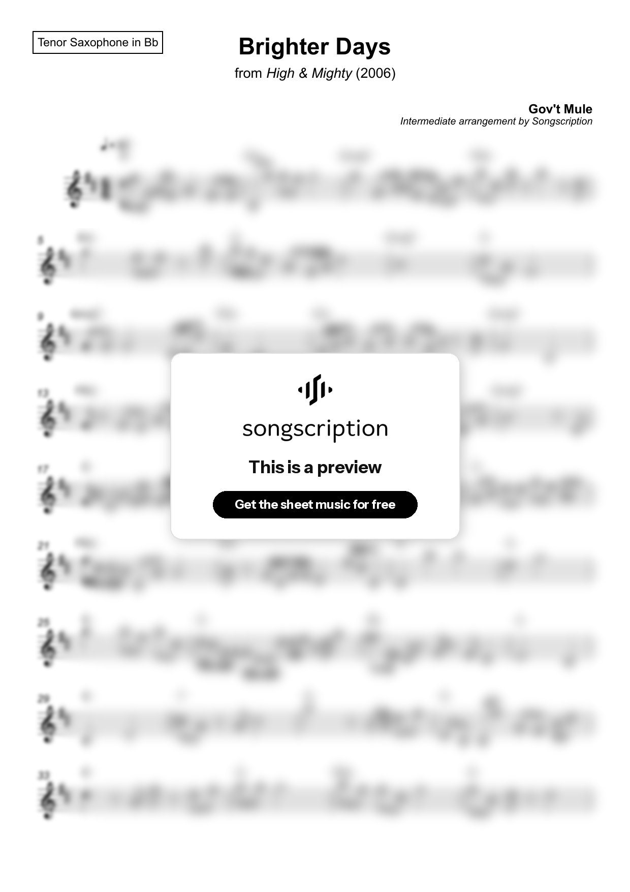Intermediate Tenor Sax Sheet Music for "Brighter Days" by Gov't Mule
