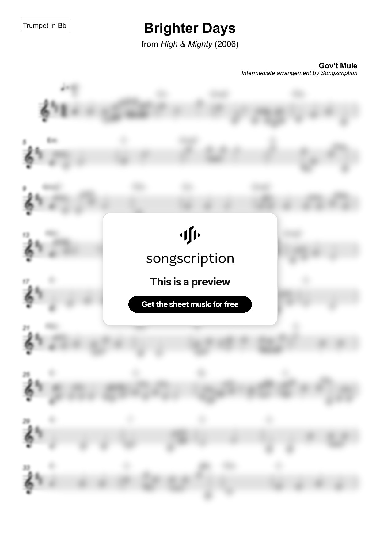 Intermediate Trumpet Sheet Music for "Brighter Days" by Gov't Mule