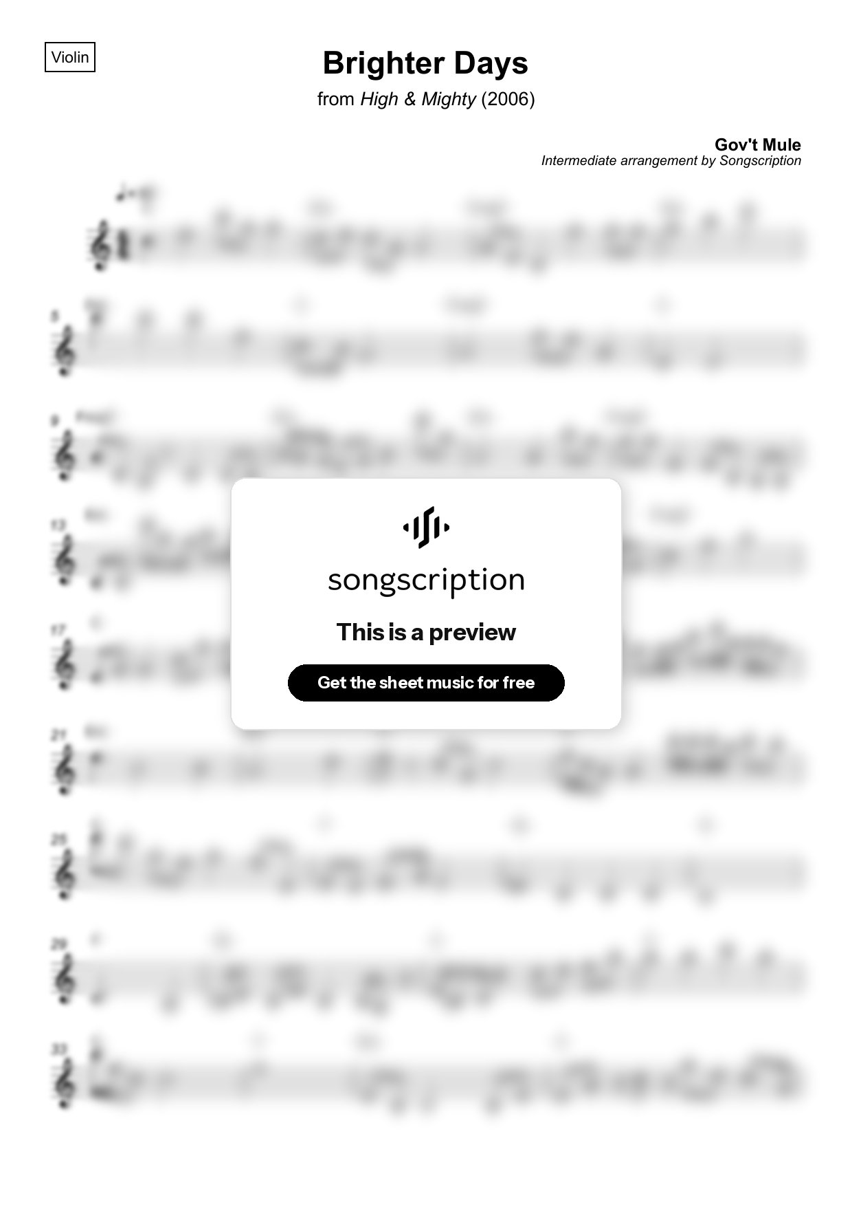 Intermediate Violin Sheet Music for "Brighter Days" by Gov't Mule
