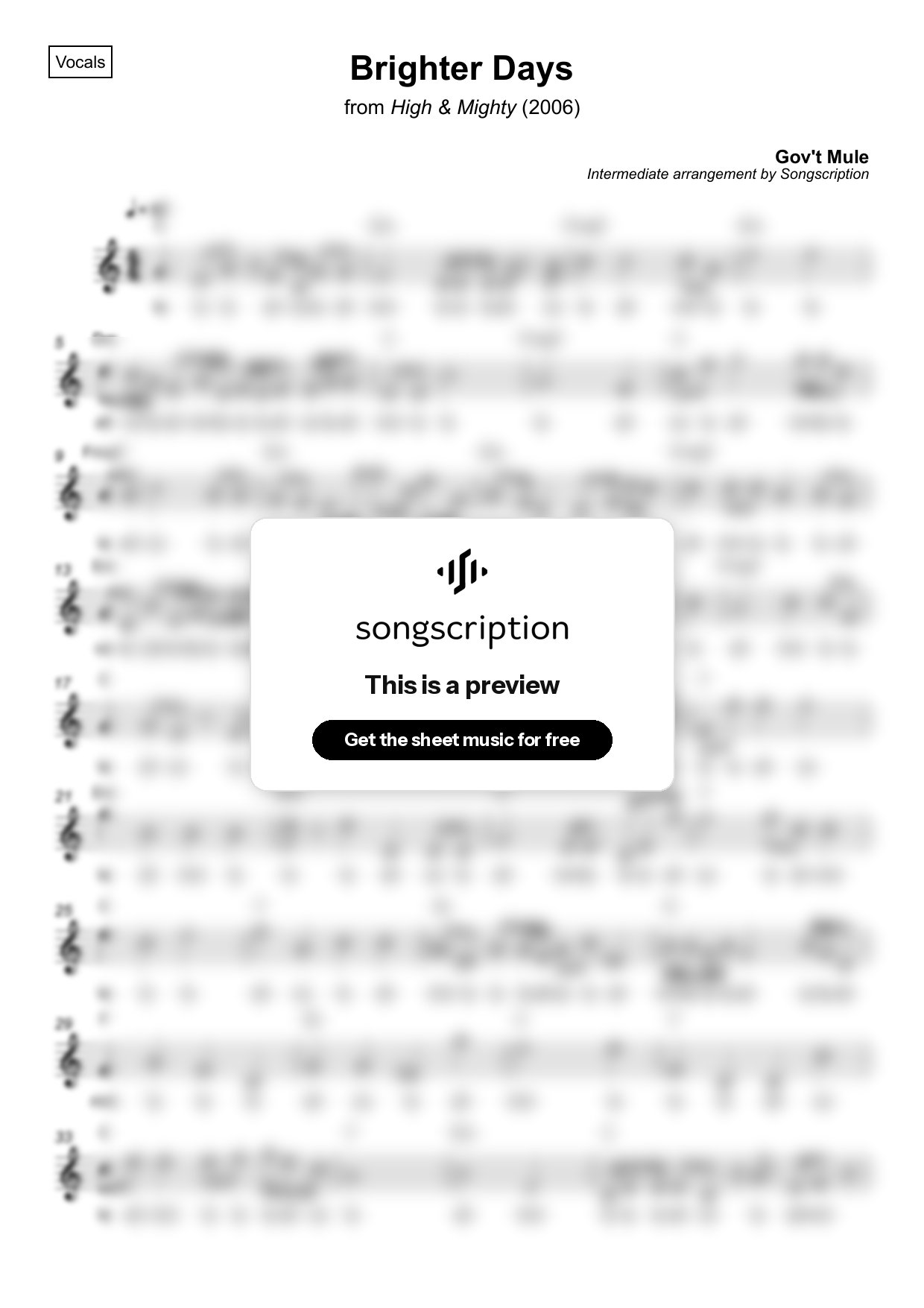 Intermediate Vocals Sheet Music for "Brighter Days" by Gov't Mule