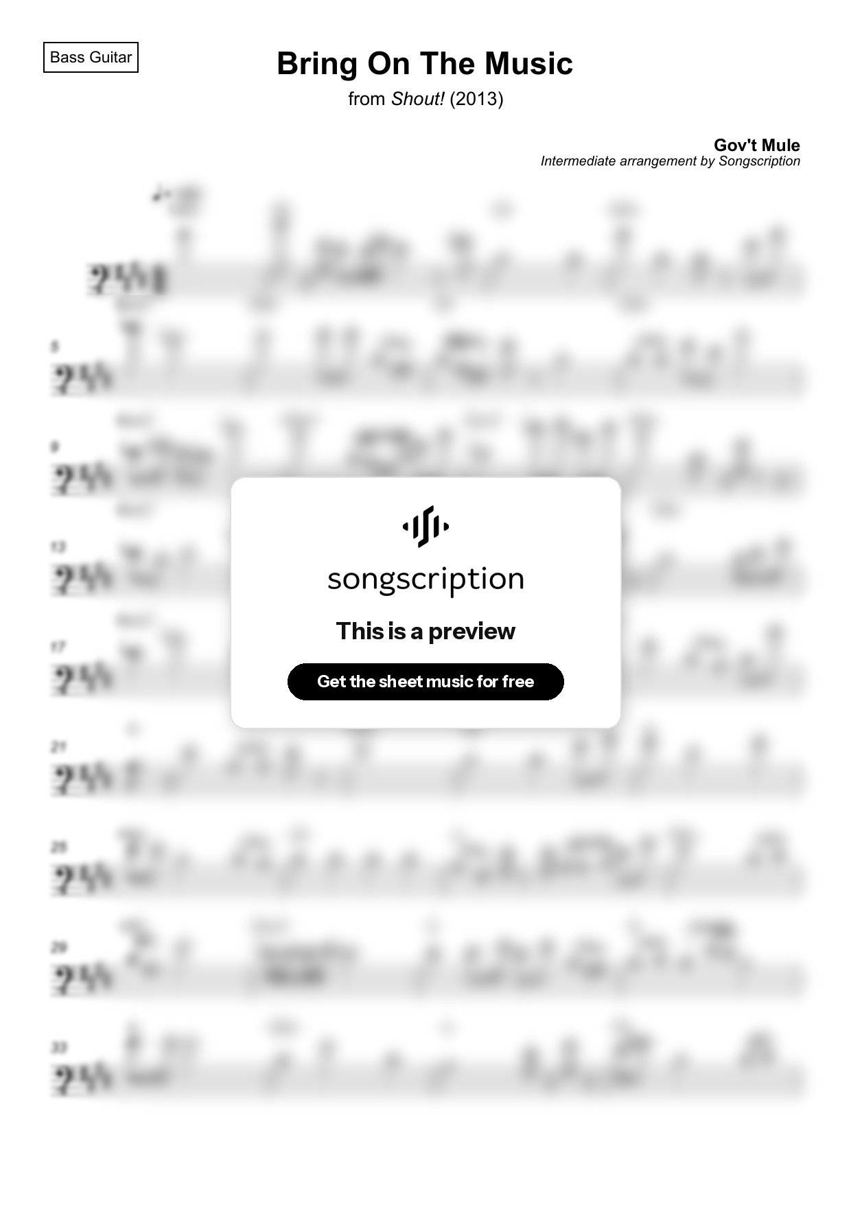 Intermediate Bass Guitar Sheet Music for "Bring On The Music" by Gov't Mule
