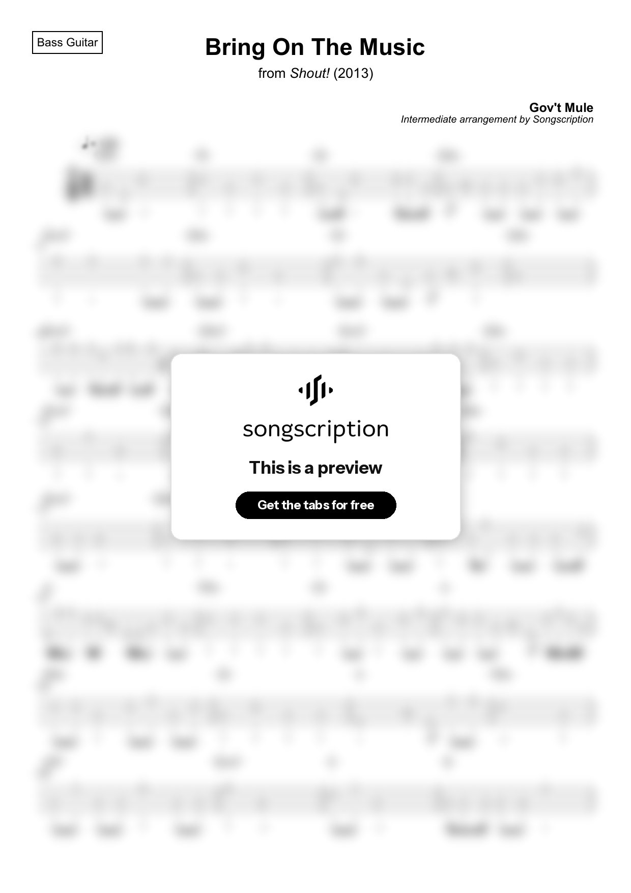 Intermediate Bass Guitar Tabs for "Bring On The Music" by Gov't Mule