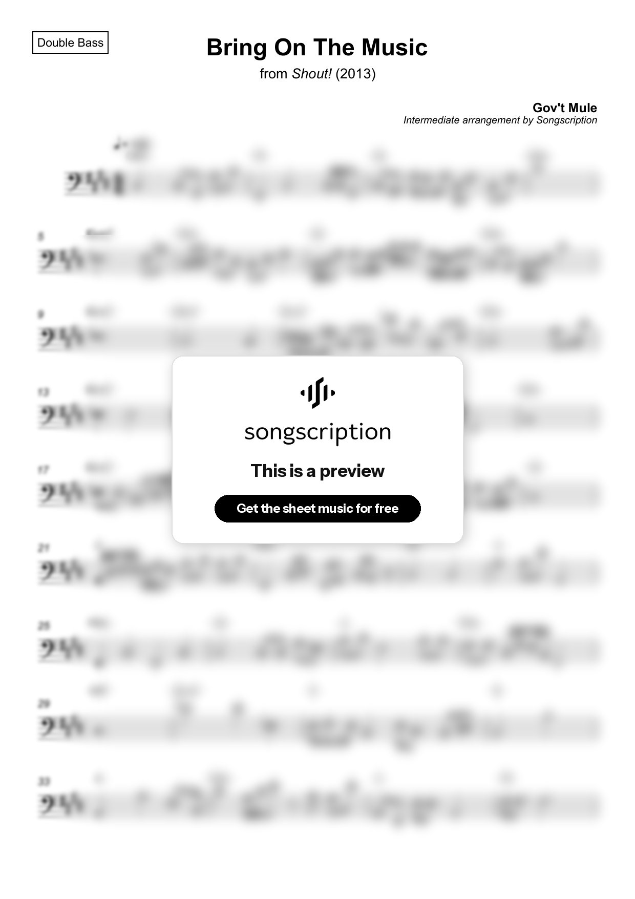 Intermediate Double Bass Sheet Music for "Bring On The Music" by Gov't Mule