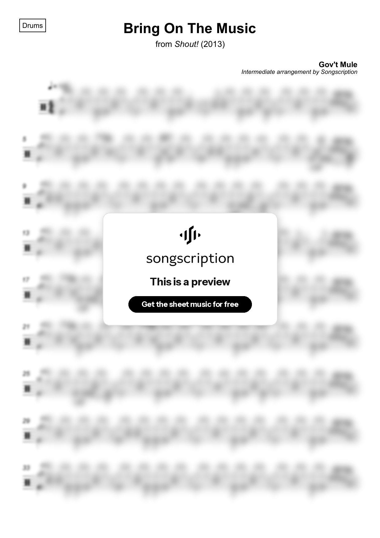 Intermediate Drums Sheet Music for "Bring On The Music" by Gov't Mule