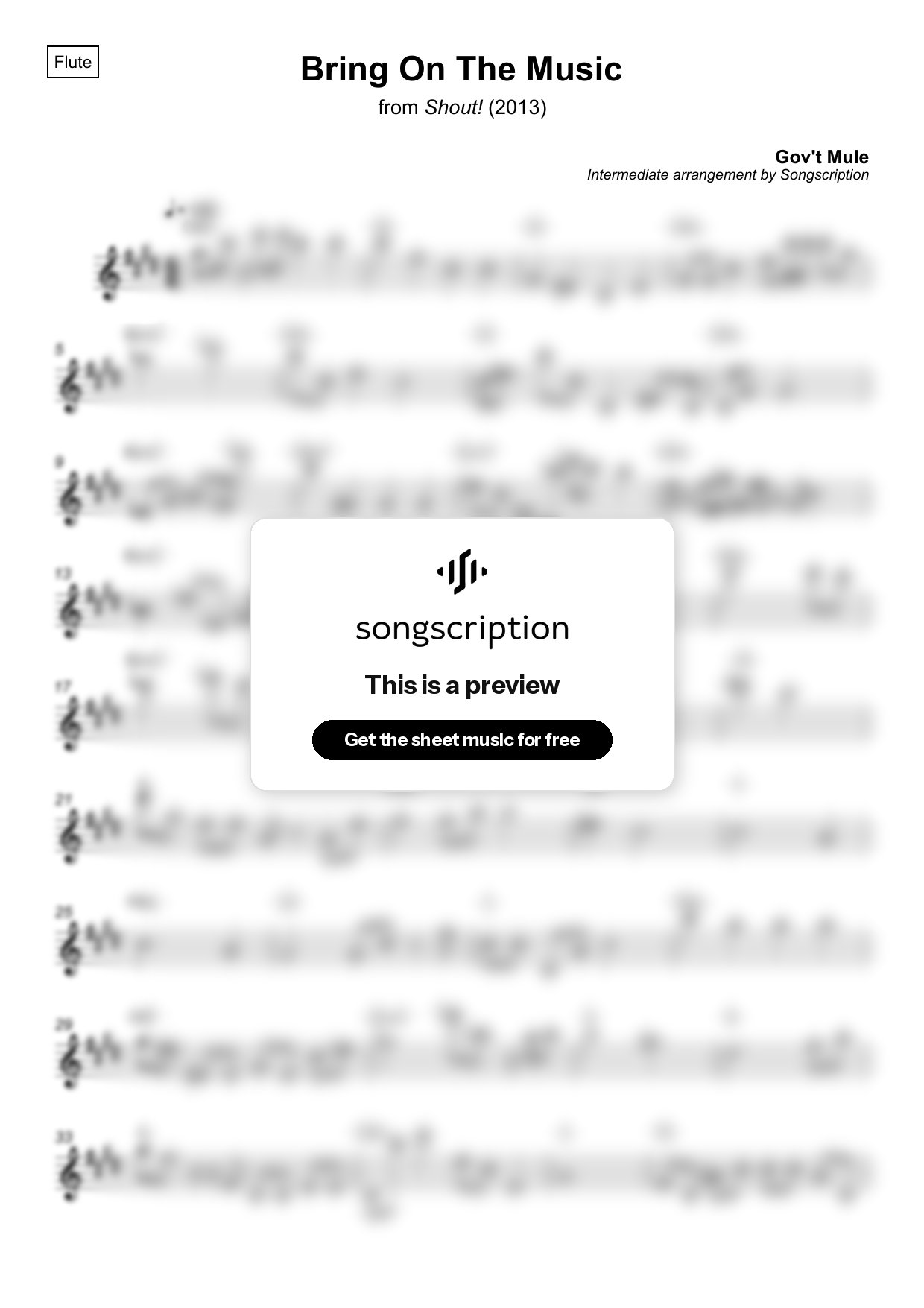 Intermediate Flute Sheet Music for "Bring On The Music" by Gov't Mule