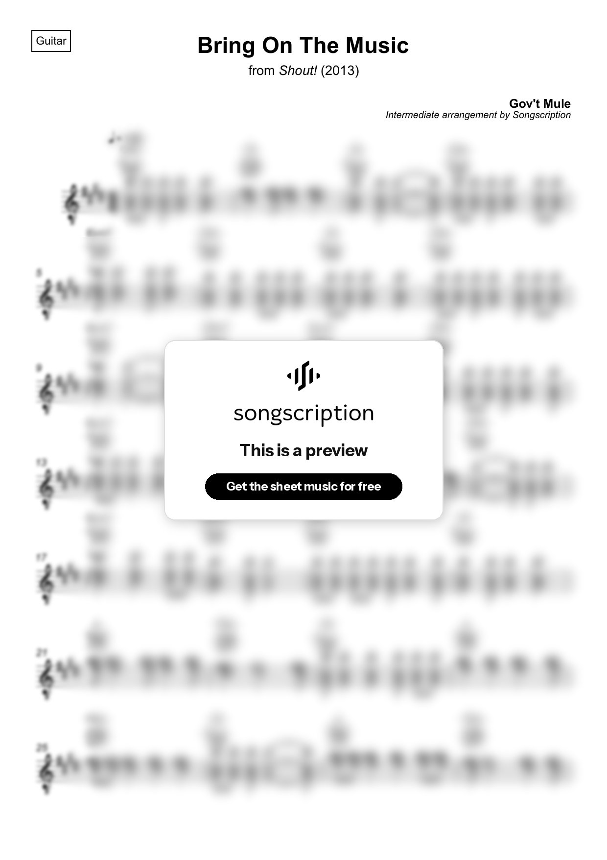 Intermediate Acoustic Guitar Sheet Music for "Bring On The Music" by Gov't Mule