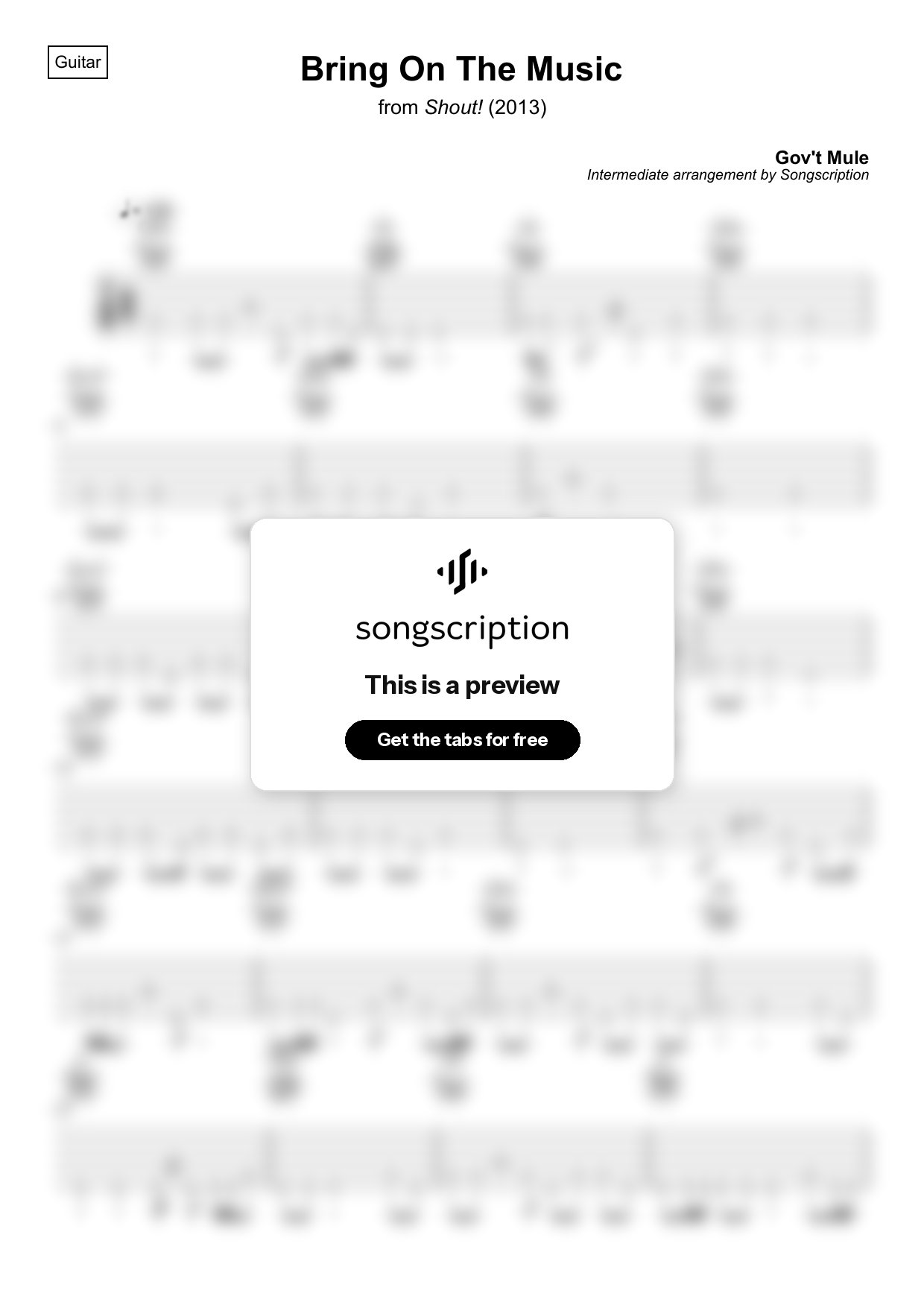 Intermediate Acoustic Guitar Tabs for "Bring On The Music" by Gov't Mule