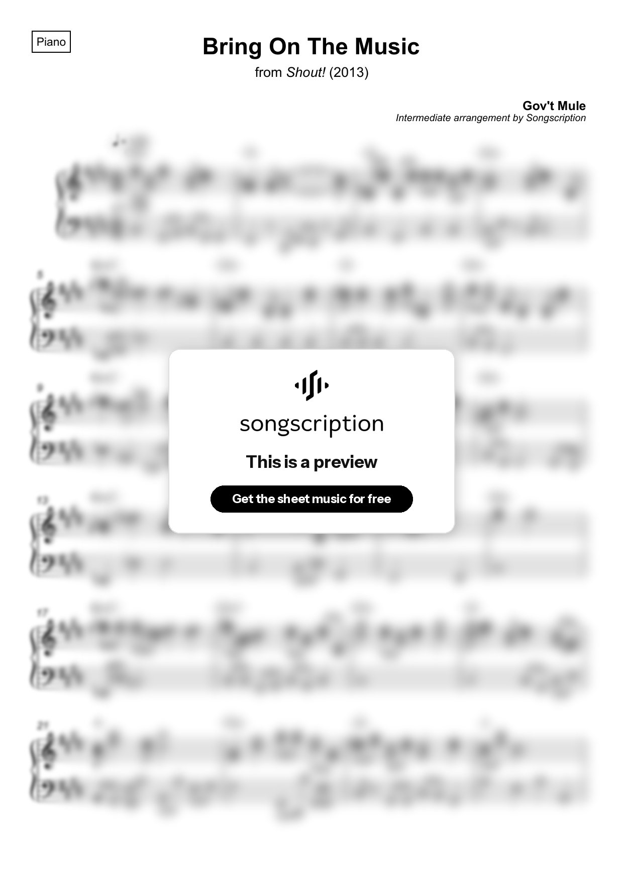 Intermediate Piano Sheet Music for "Bring On The Music" by Gov't Mule