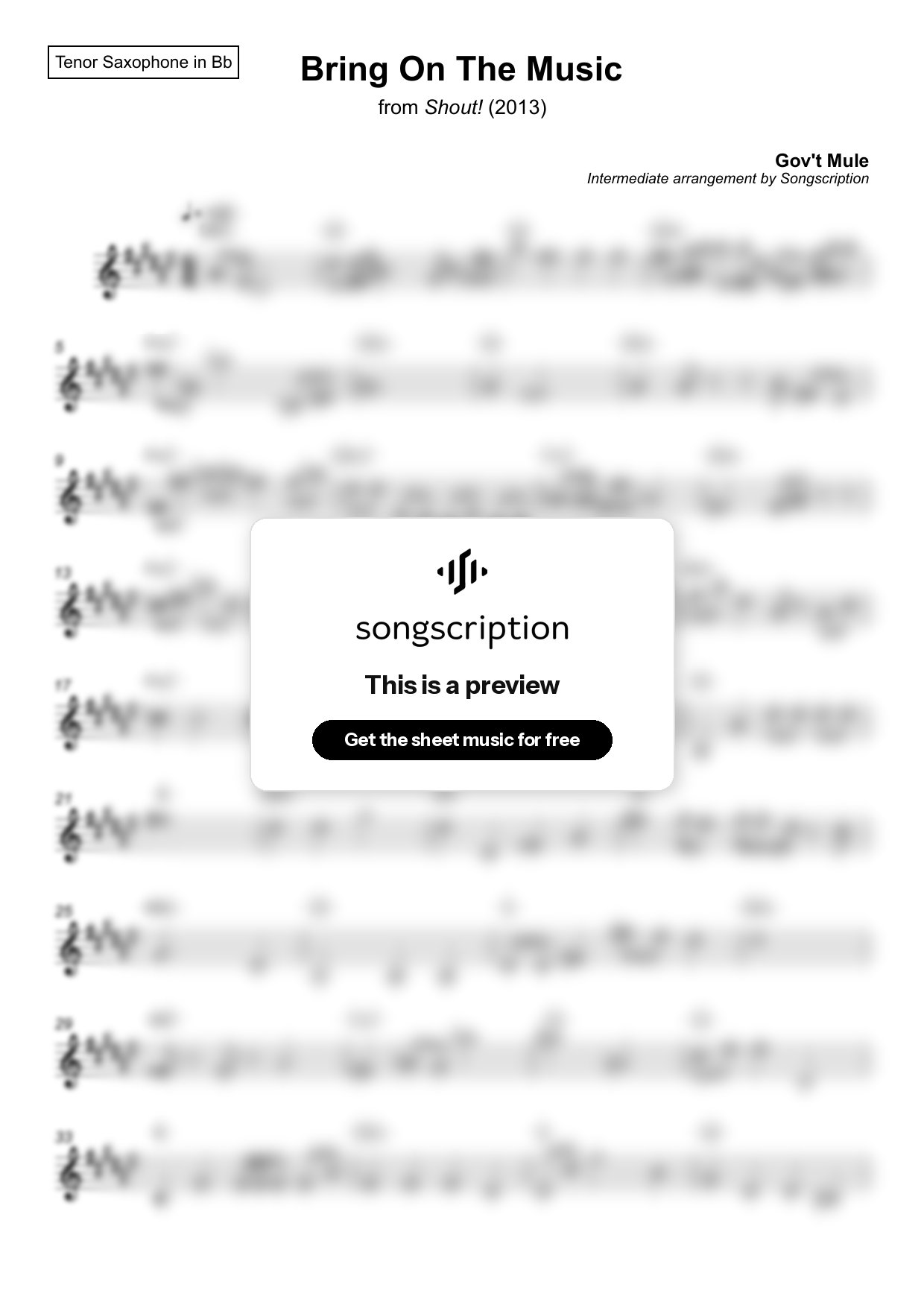 Intermediate Tenor Sax Sheet Music for "Bring On The Music" by Gov't Mule