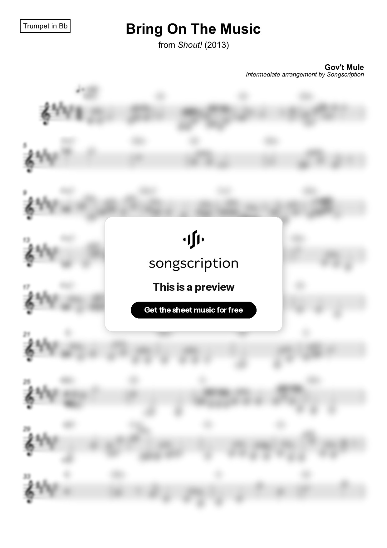 Intermediate Trumpet Sheet Music for "Bring On The Music" by Gov't Mule