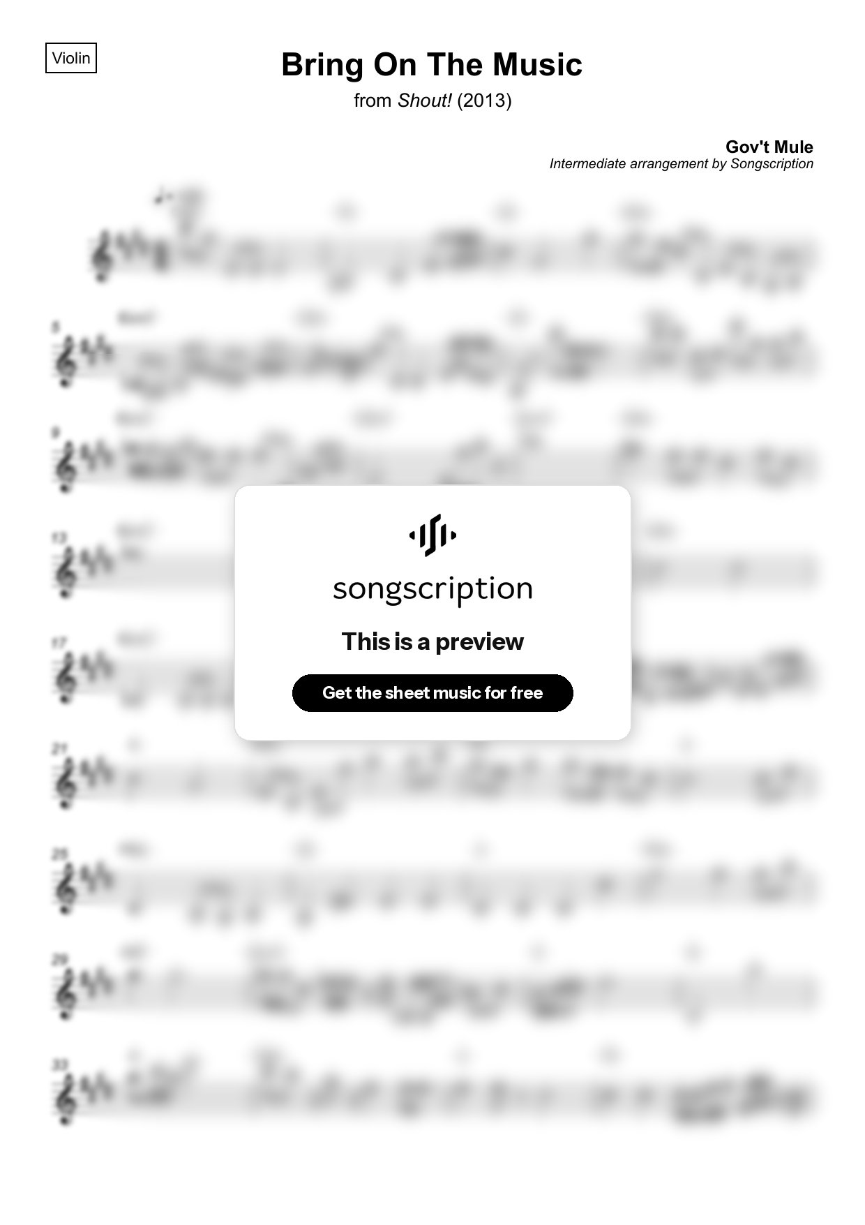 Intermediate Violin Sheet Music for "Bring On The Music" by Gov't Mule