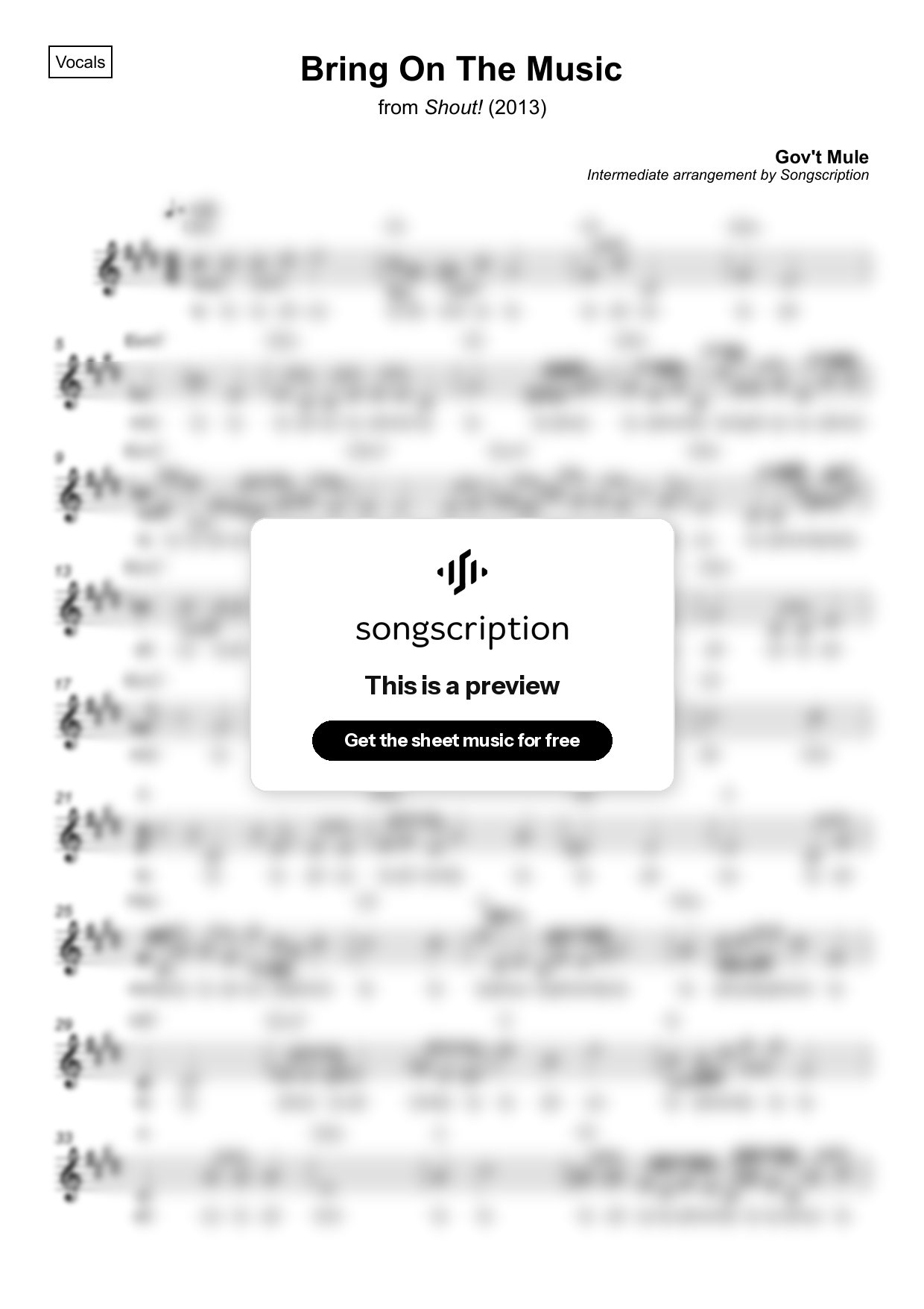 Intermediate Vocals Sheet Music for "Bring On The Music" by Gov't Mule