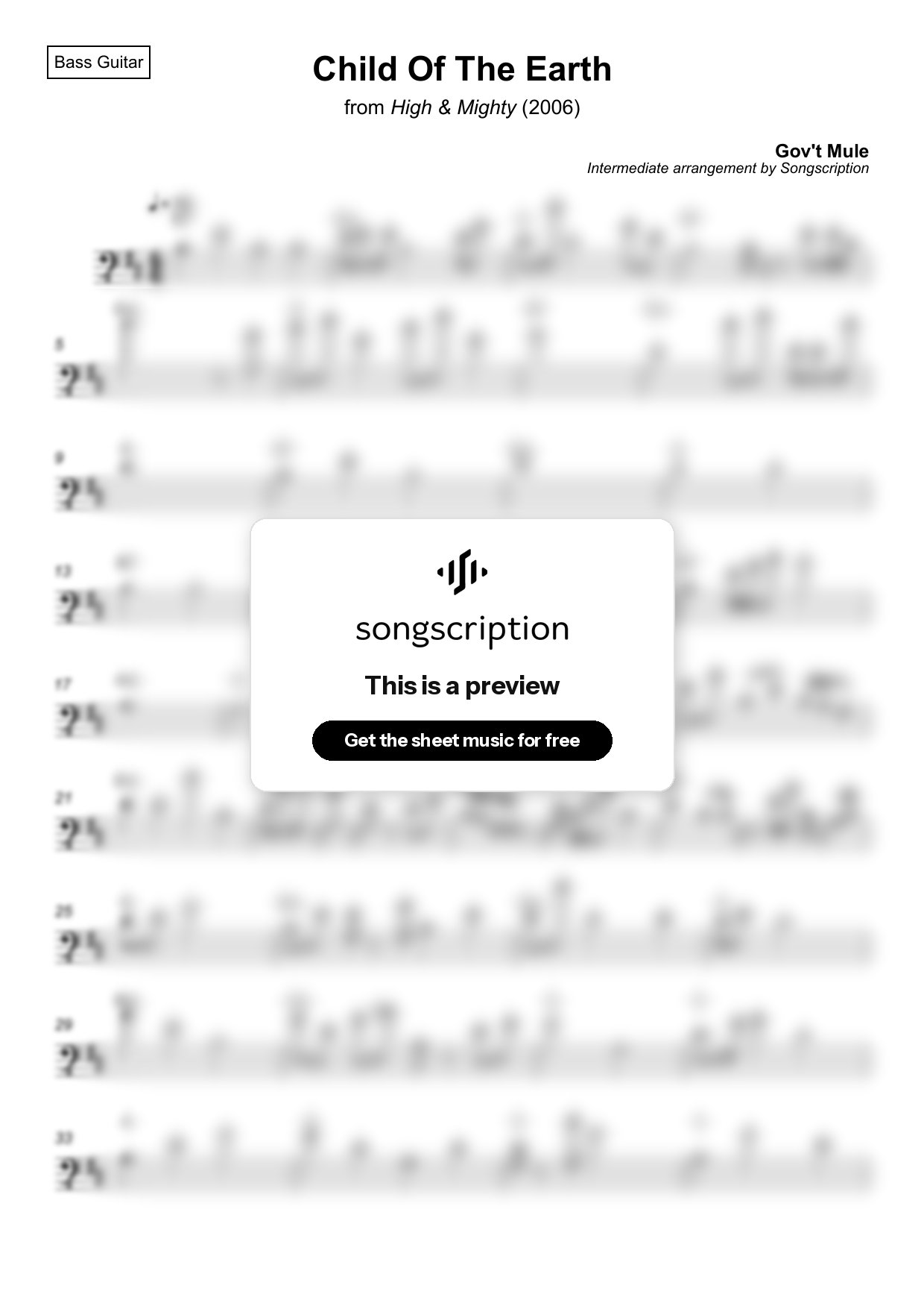 Intermediate Bass Guitar Sheet Music for "Child Of The Earth" by Gov't Mule